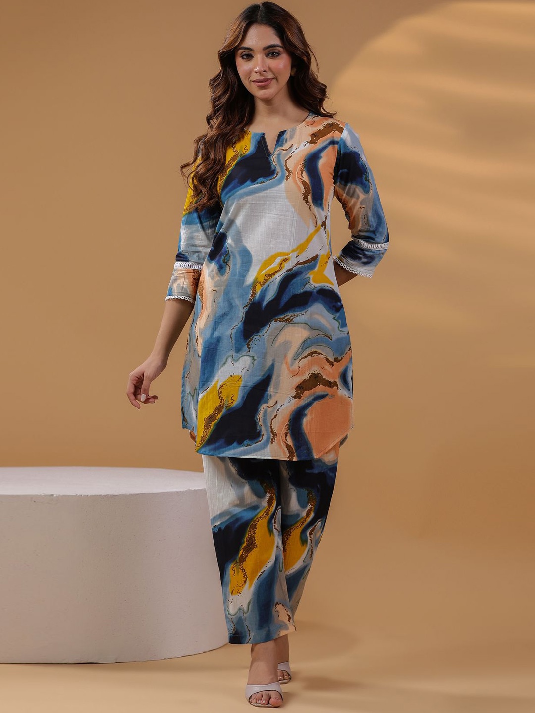 

Rain & Rainbow Abstract Printed Pure Cotton Tunic With Trouser, Blue