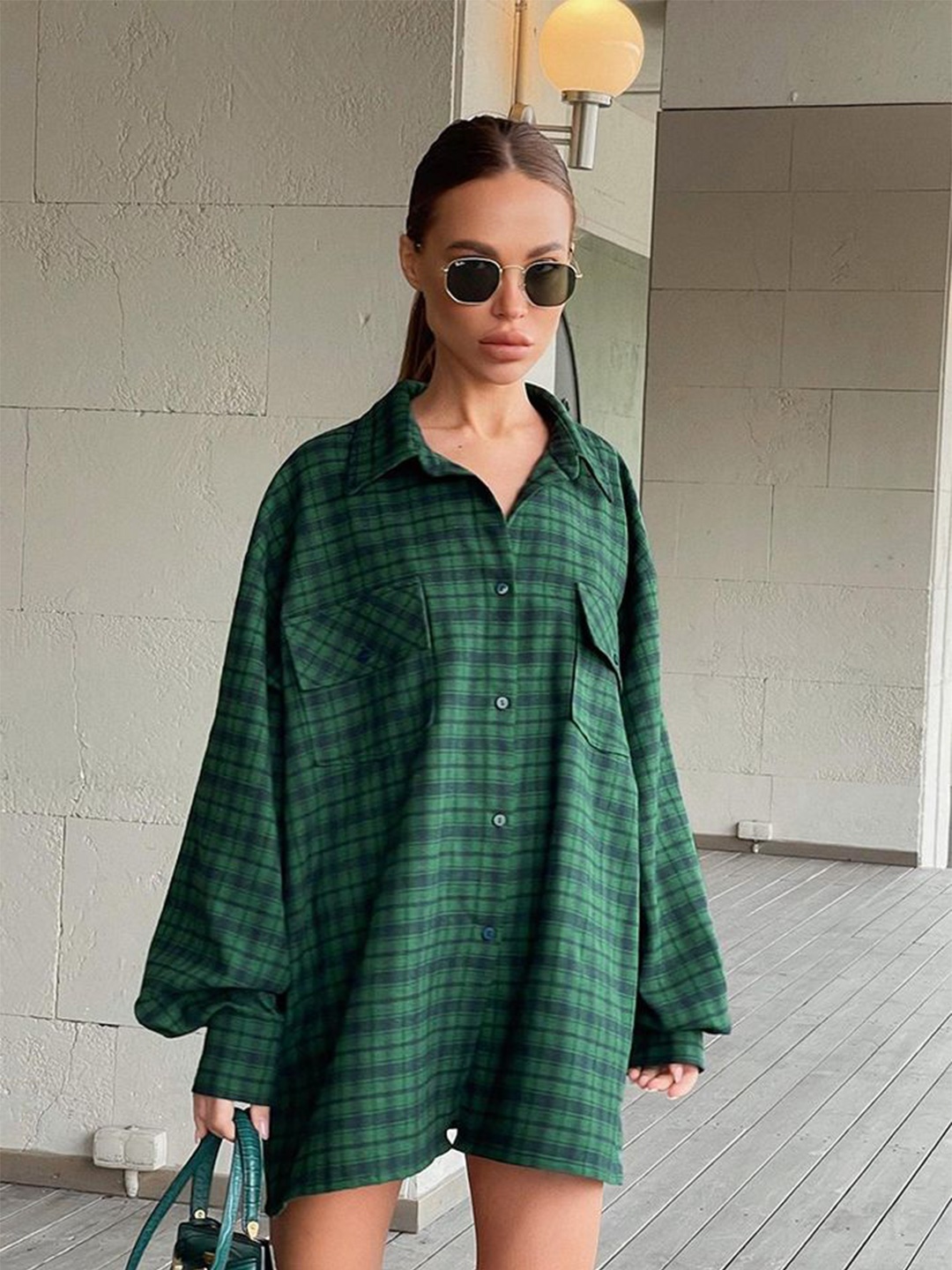 

LULU & SKY Women Spread Collar Tartan Checked Cotton Oversized Casual Shirt, Green