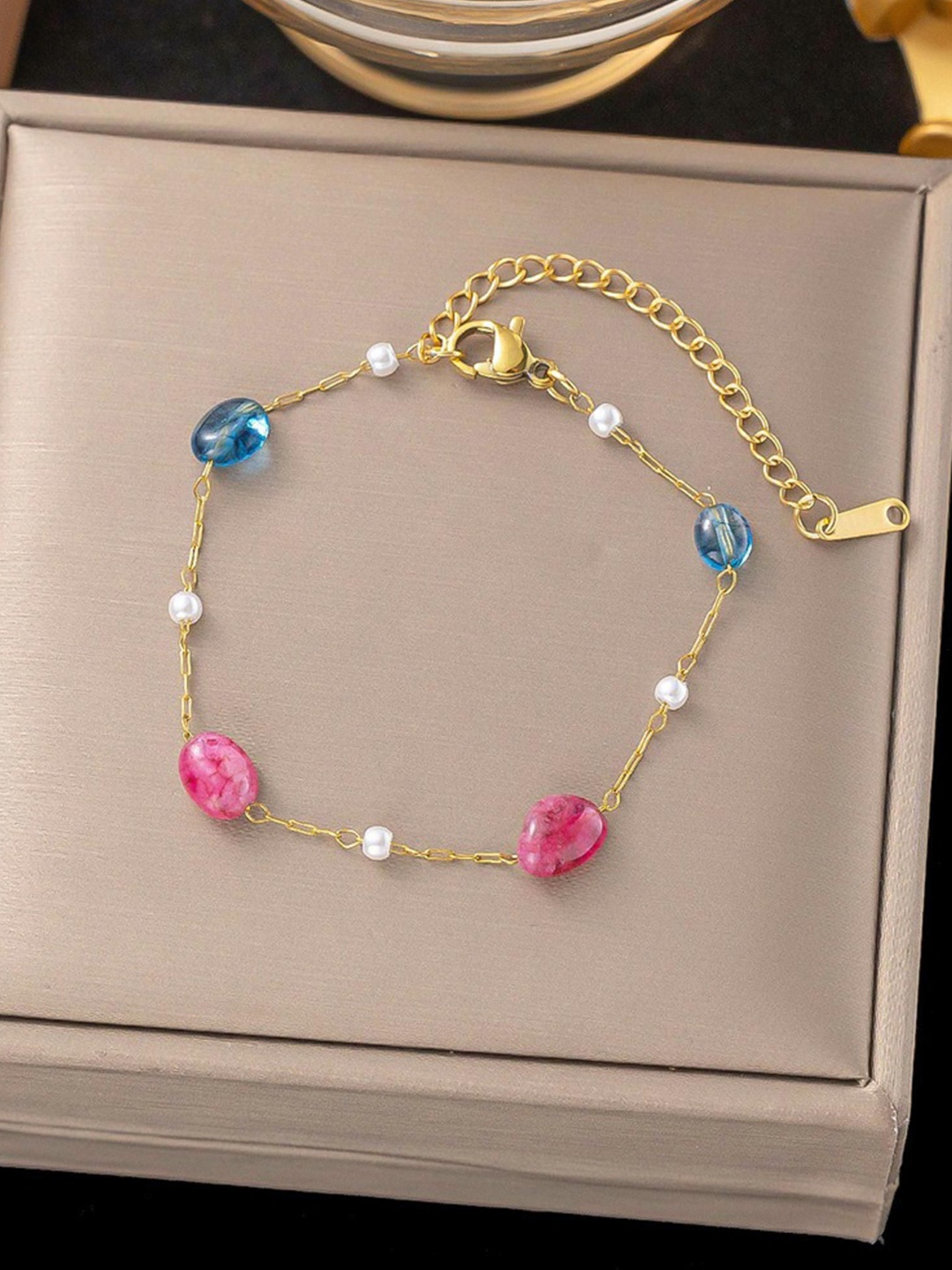 

MYKI Esthetical Stainless Steel Gold-Plated tone Studded Charm Bracelet