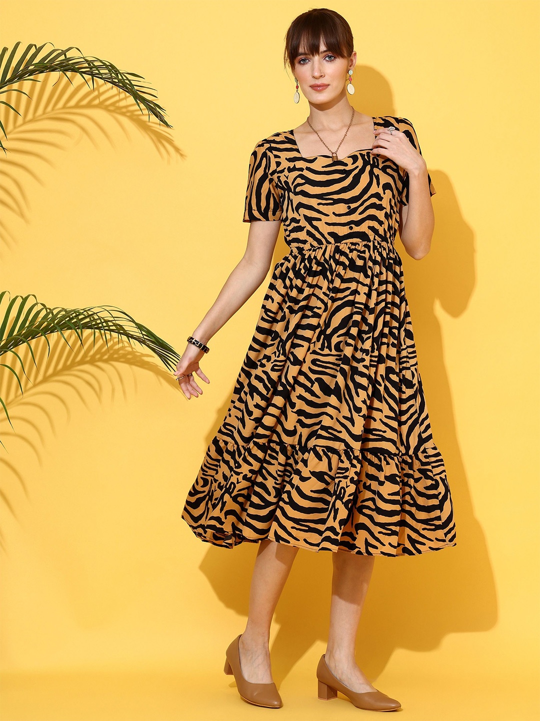 

SHEETAL Associates Women Animal Printed Fit & Flare Midi Dress, Mustard