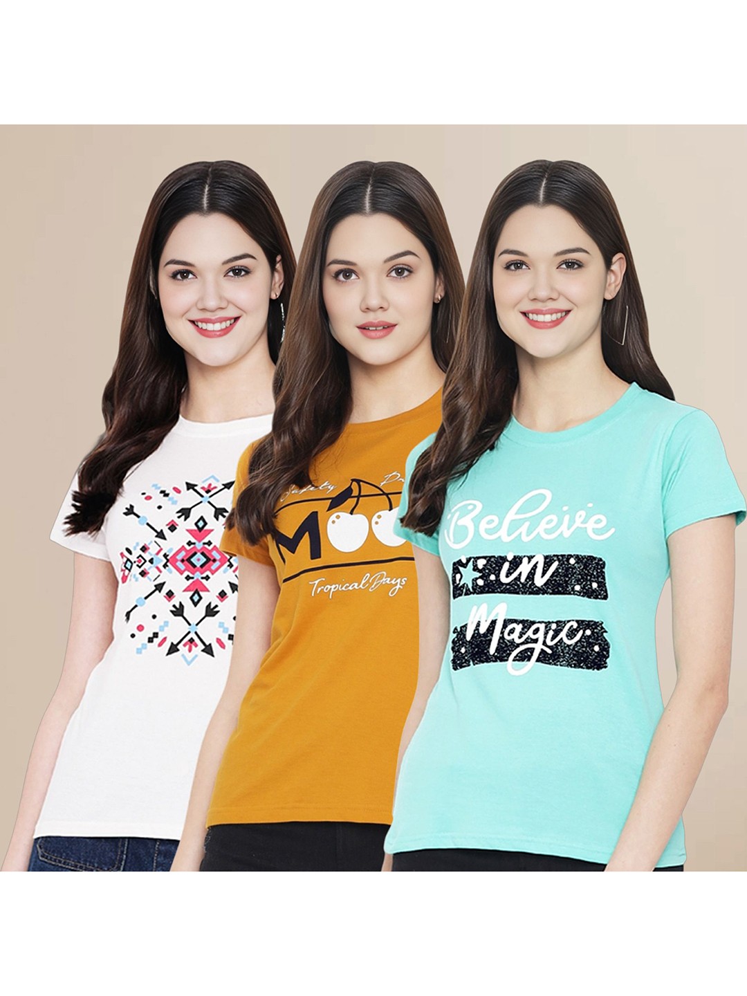 

Metronaut Women Pack Of 3 Typography Printed Round Neck Cotton T-shirts, White