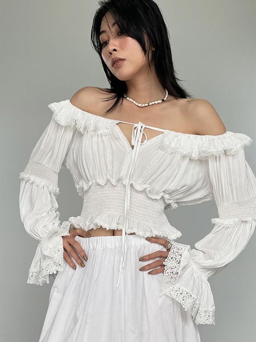 

LULU & SKY Off-Shoulder Bell Sleeve Bardot Top, White