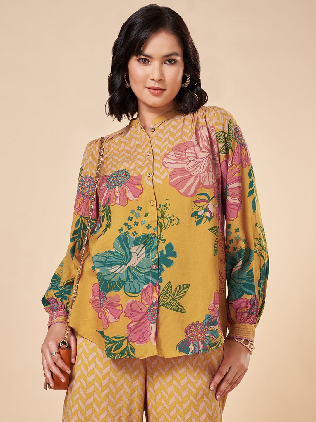 

Marigold Lane Women Floral Printed Mandarin Collar Shirt Style Top, Gold