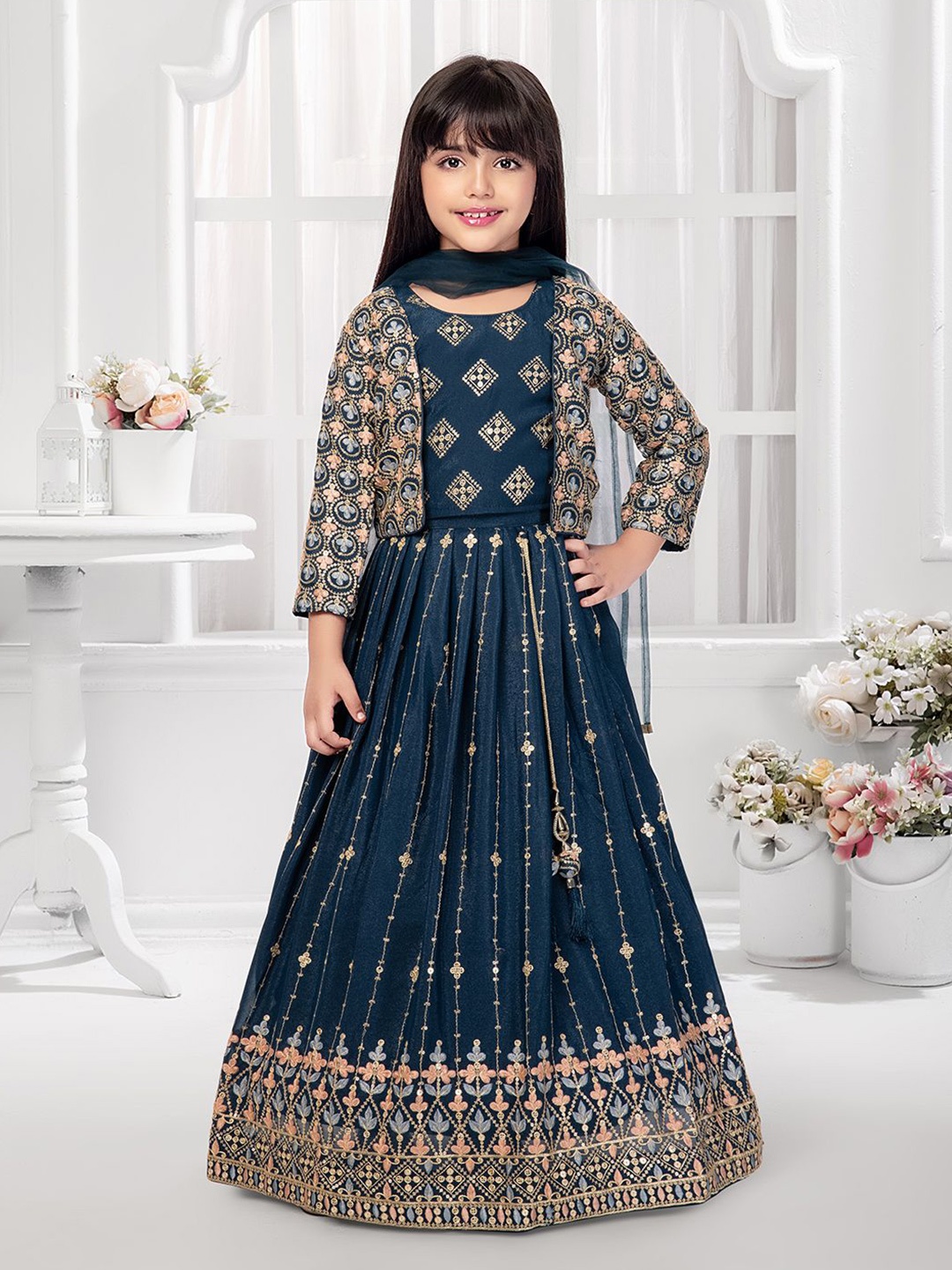 

Tiny Kingdom Girls Embroidered Ready to Wear Lehenga & Blouse With Dupatta & Jacket, Blue