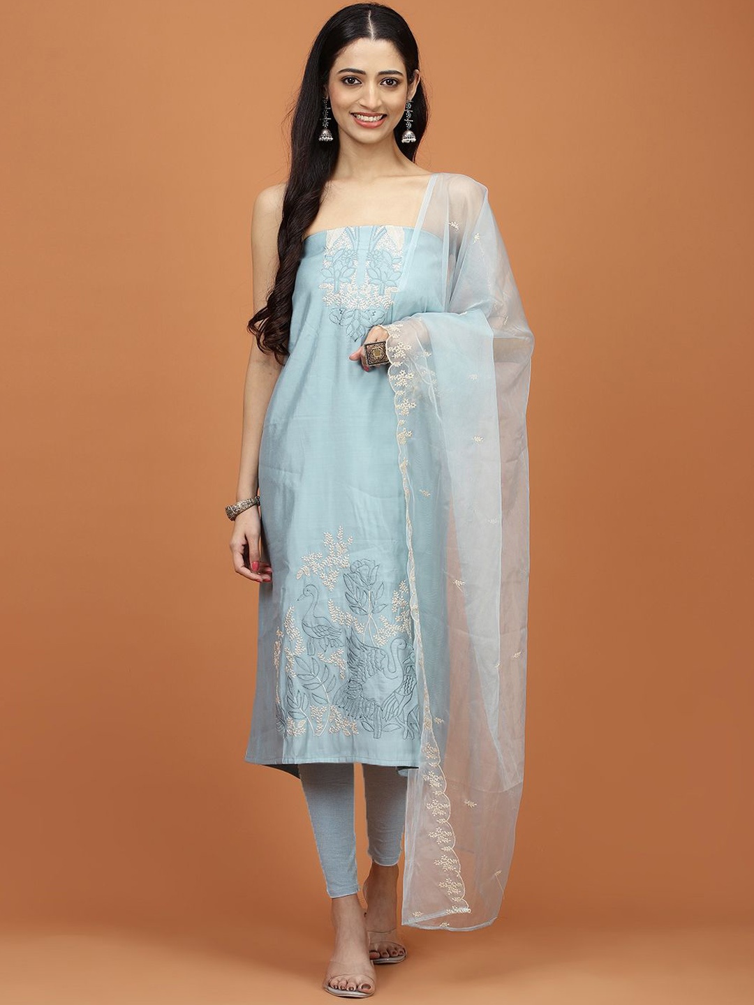 

Meena Bazaar Floral Embroidered Unstitched Dress Material, Blue