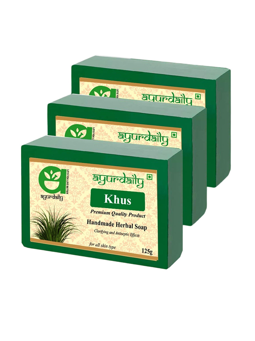 

Ayurdaily Set Of 3 Natural Khus Herbal Soap - 125 g Each, Green
