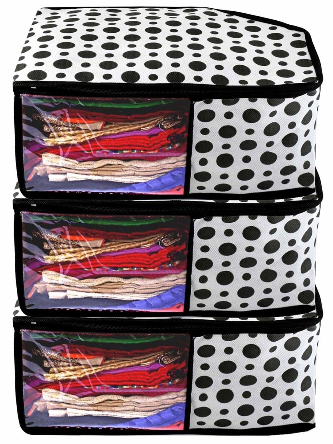 

Kuber Industries Black & White 3 Pieces Polka Dots Printed Blouse Cover Organisers