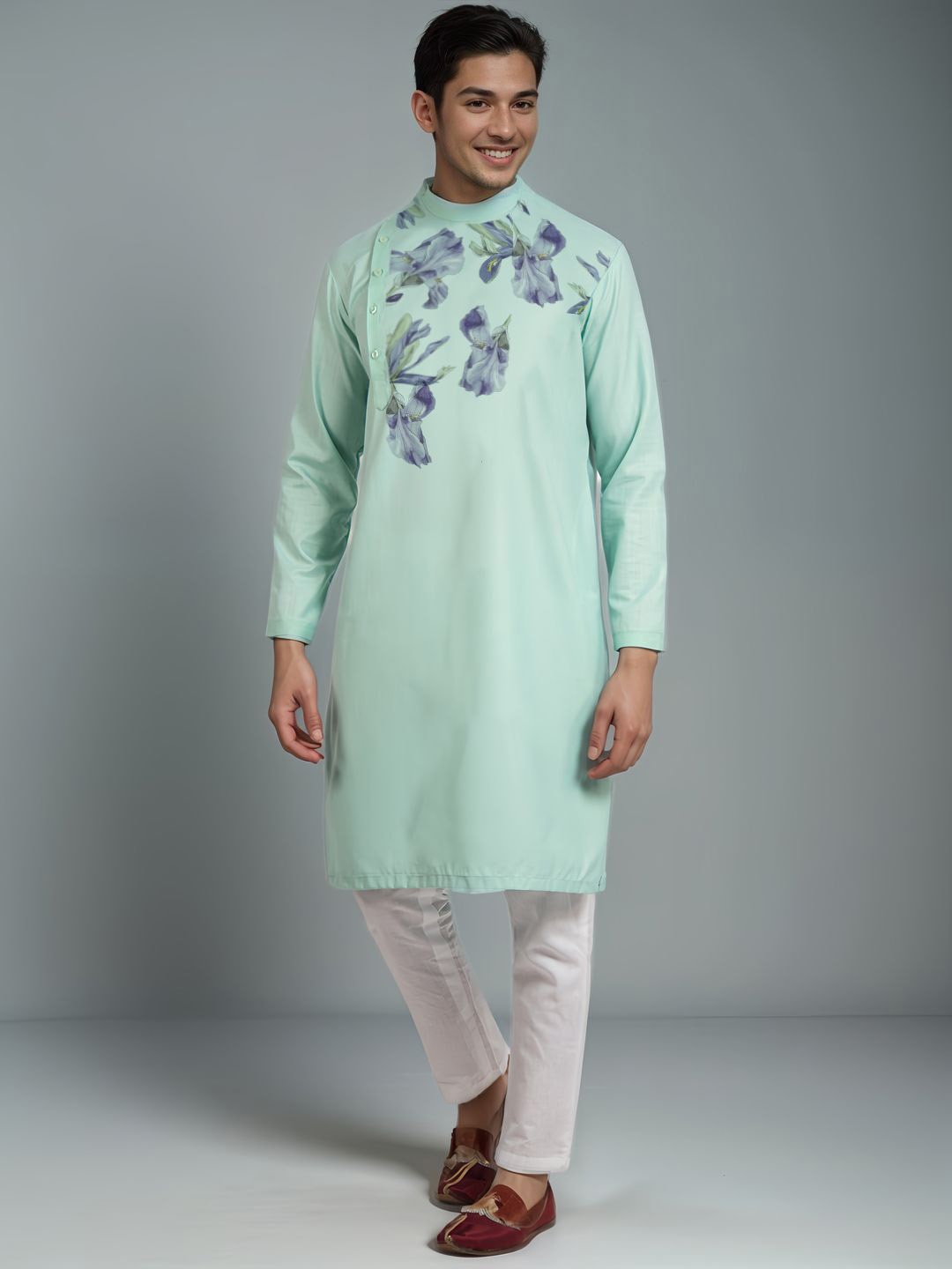 

DEVOILER Band Collar Ethnic Motifs Printed Straight Cotton Kurta, Green