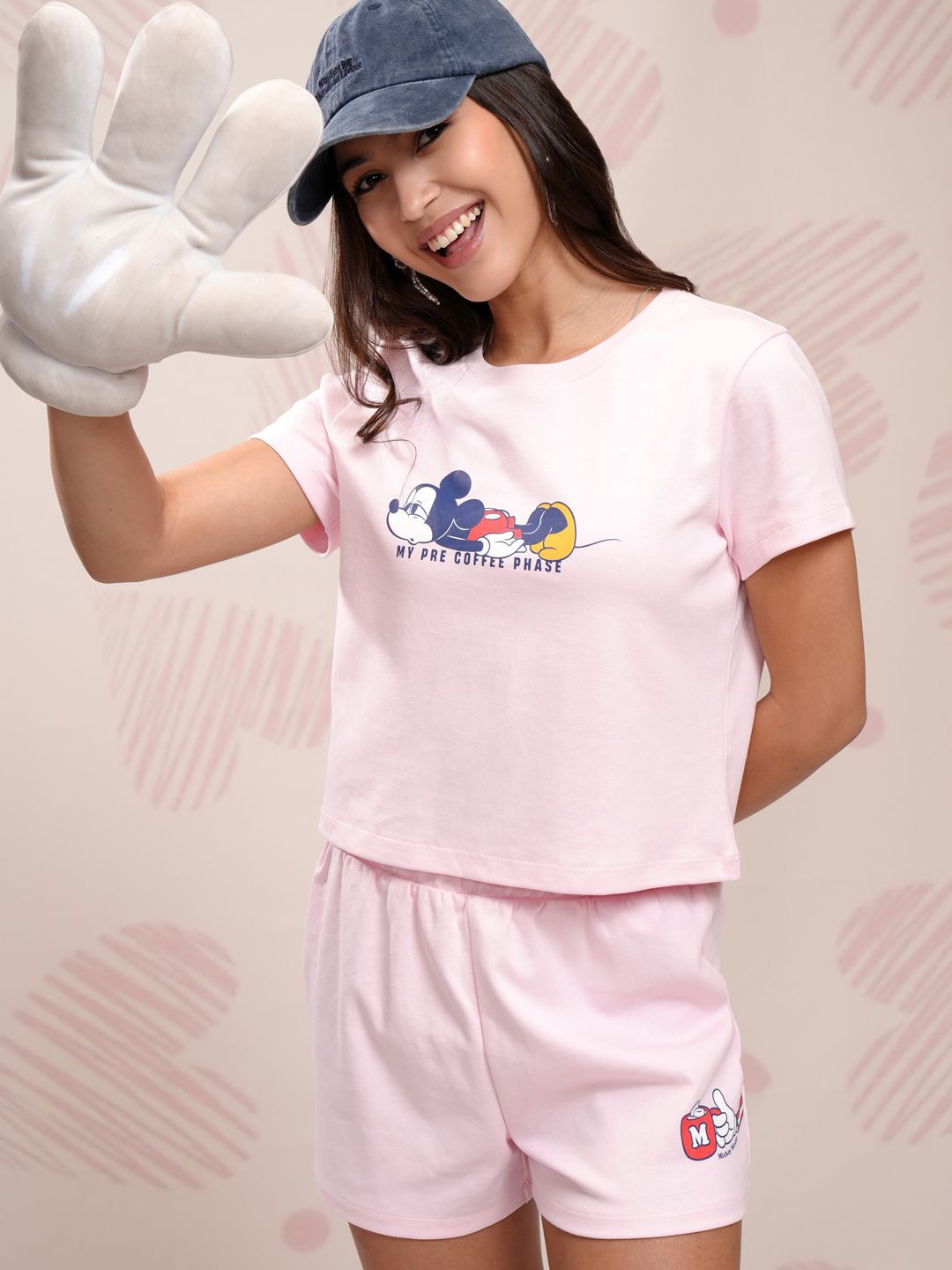 

Tokyo Talkies Disney Women Mickey Mouse Printed T Shirt With Shorts Co Ords, Pink