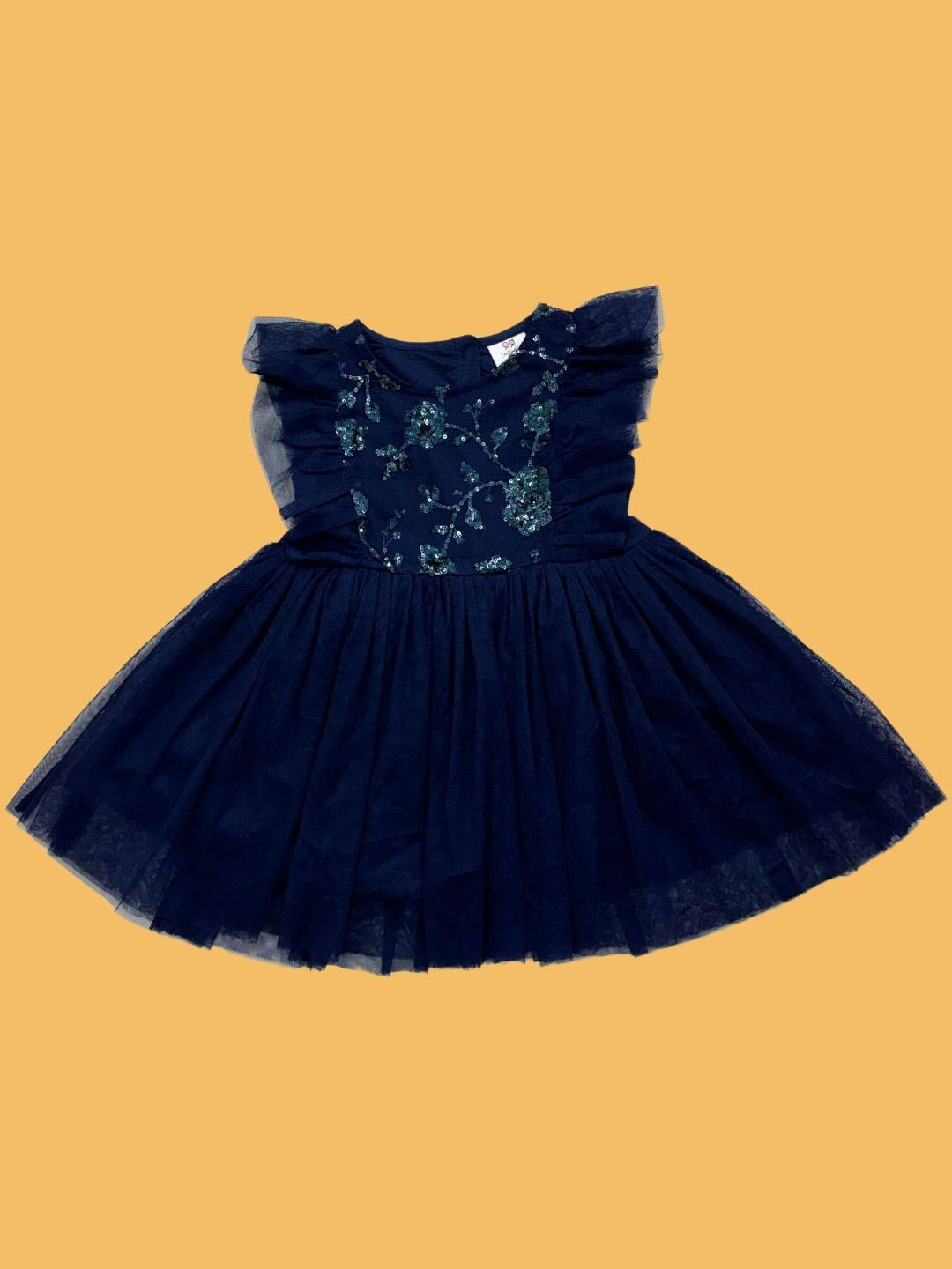 

Creative Kids Girls Sequinced Gathered or Pleated Flutter Sleeves Fit & Flare Dress, Navy blue