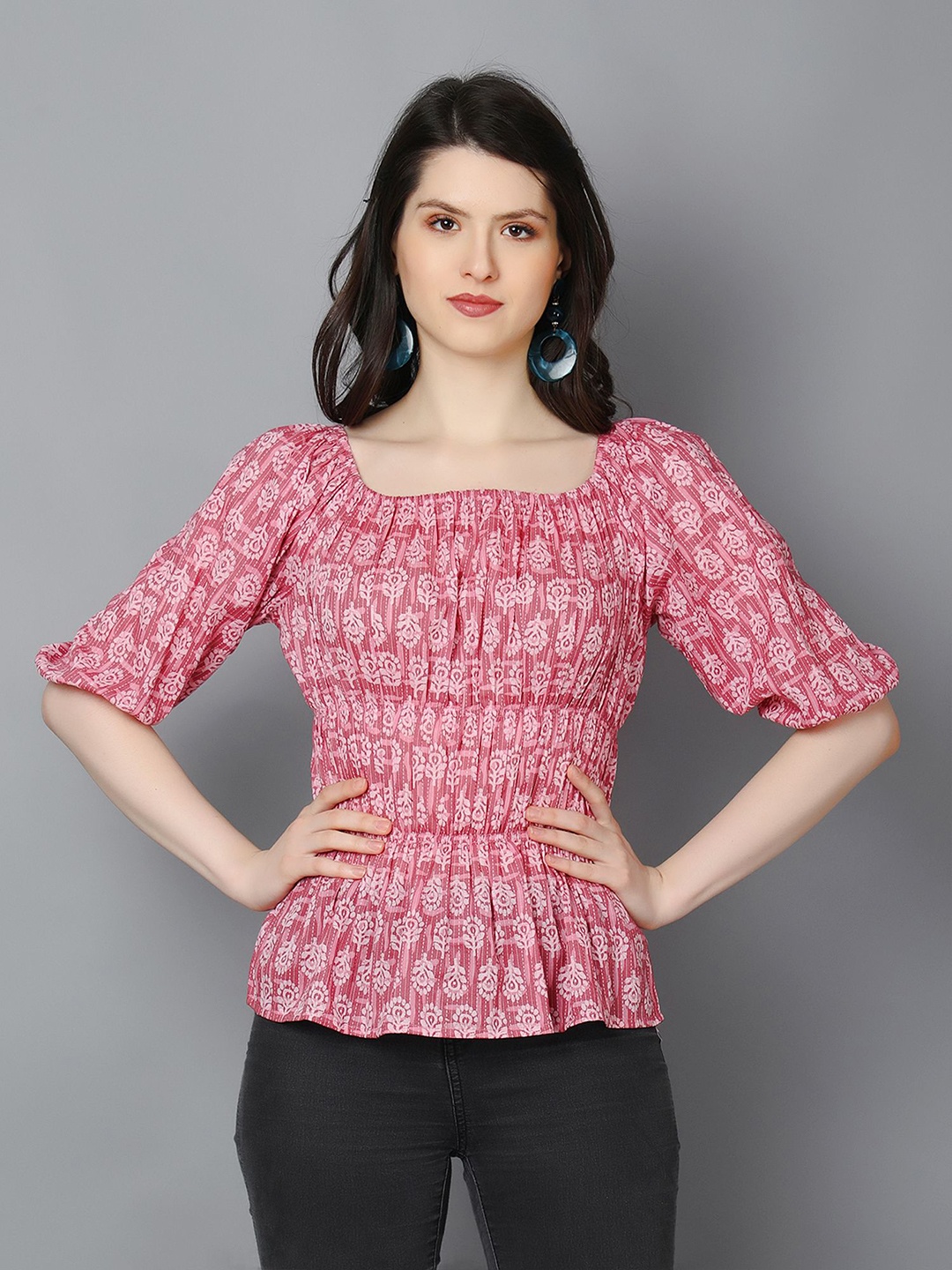 

Zuvino Ethnic Motifs Printed Puff Sleeve Cotton Top, Pink