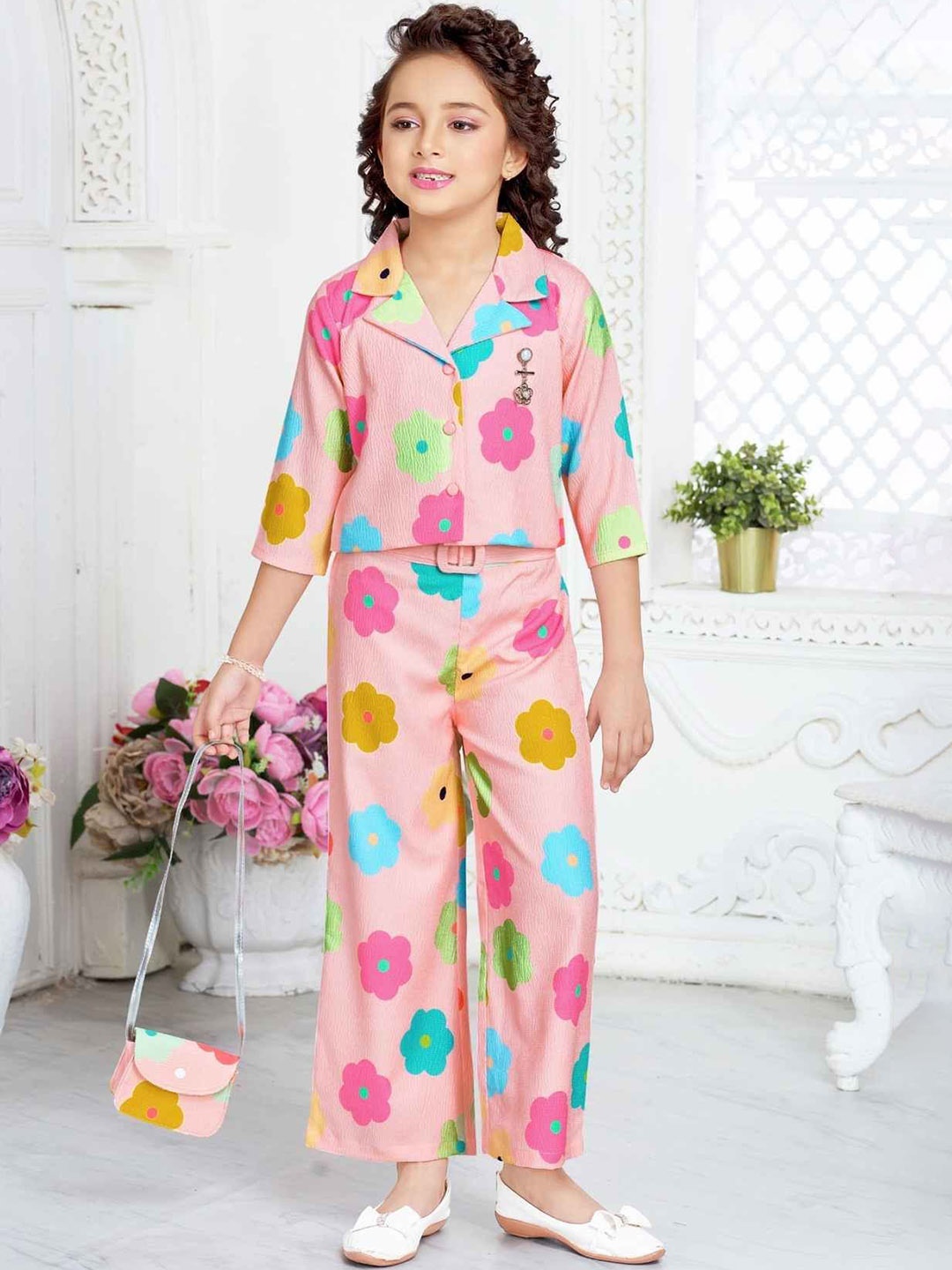 

Lagorii Girls Printed Shirt Collar Top & Trousers, Pink