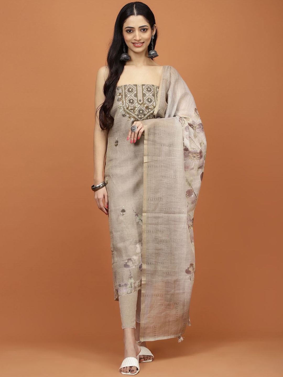 

Meena Bazaar Floral Embroidered Chanderi Unstitched Dress Material, Green