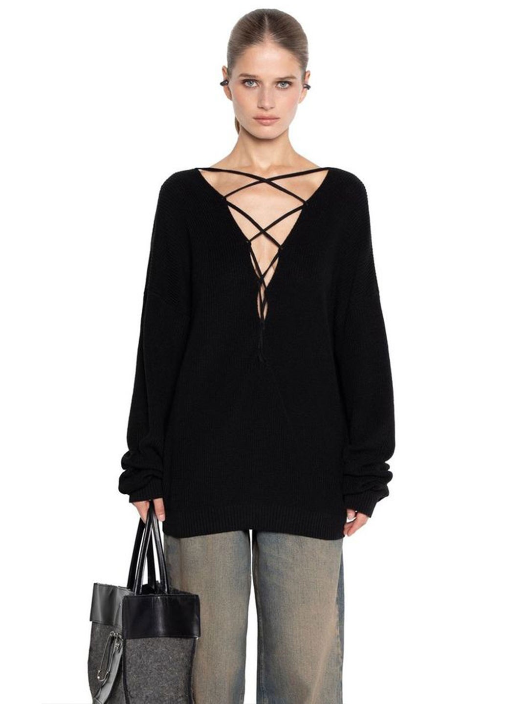 

LULU & SKY Women Tie-Up V-Neck Long Sleeves Longline Pullover Sweater, Black