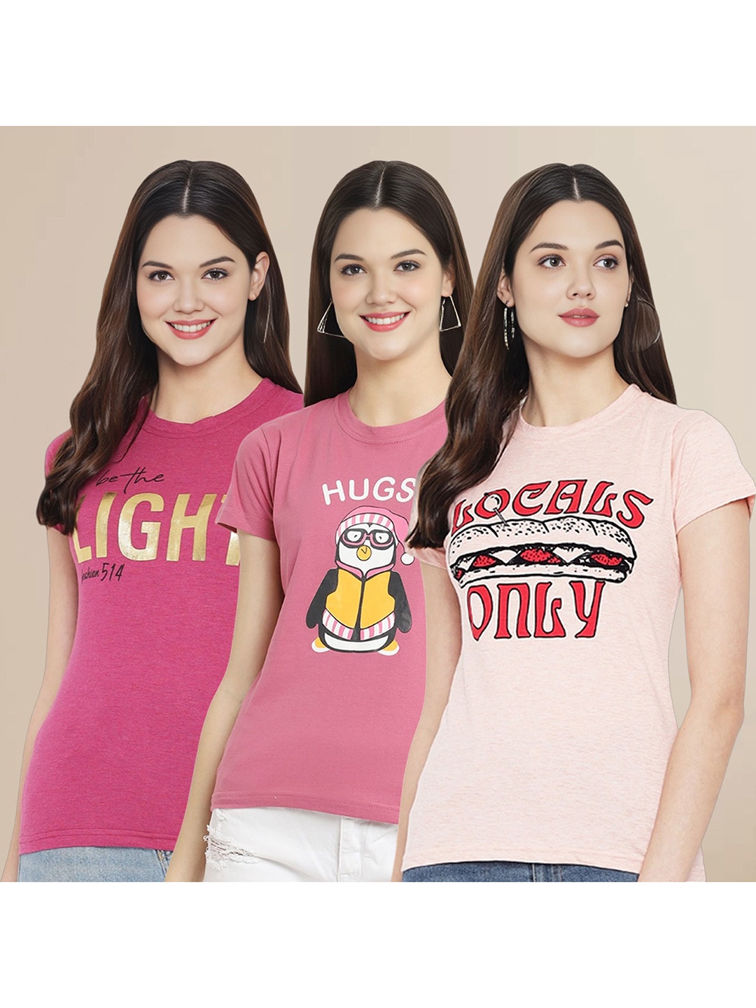 

Metronaut Women Pack Of 3 Typography Printed Round Neck Cotton T-shirts, Pink