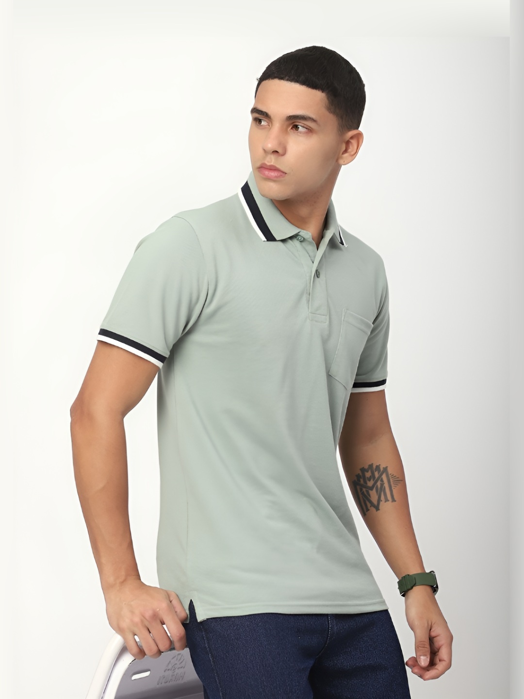 

R&B Men Polo Collar Pockets T-shirt, Green