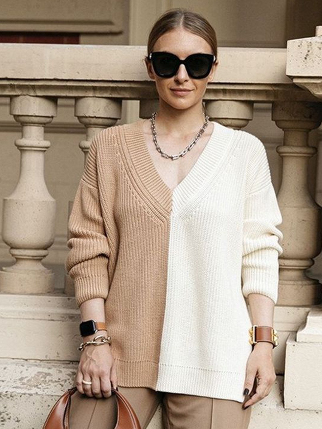 

LULU & SKY Women Colourblocked V-Neck Pullover, Khaki
