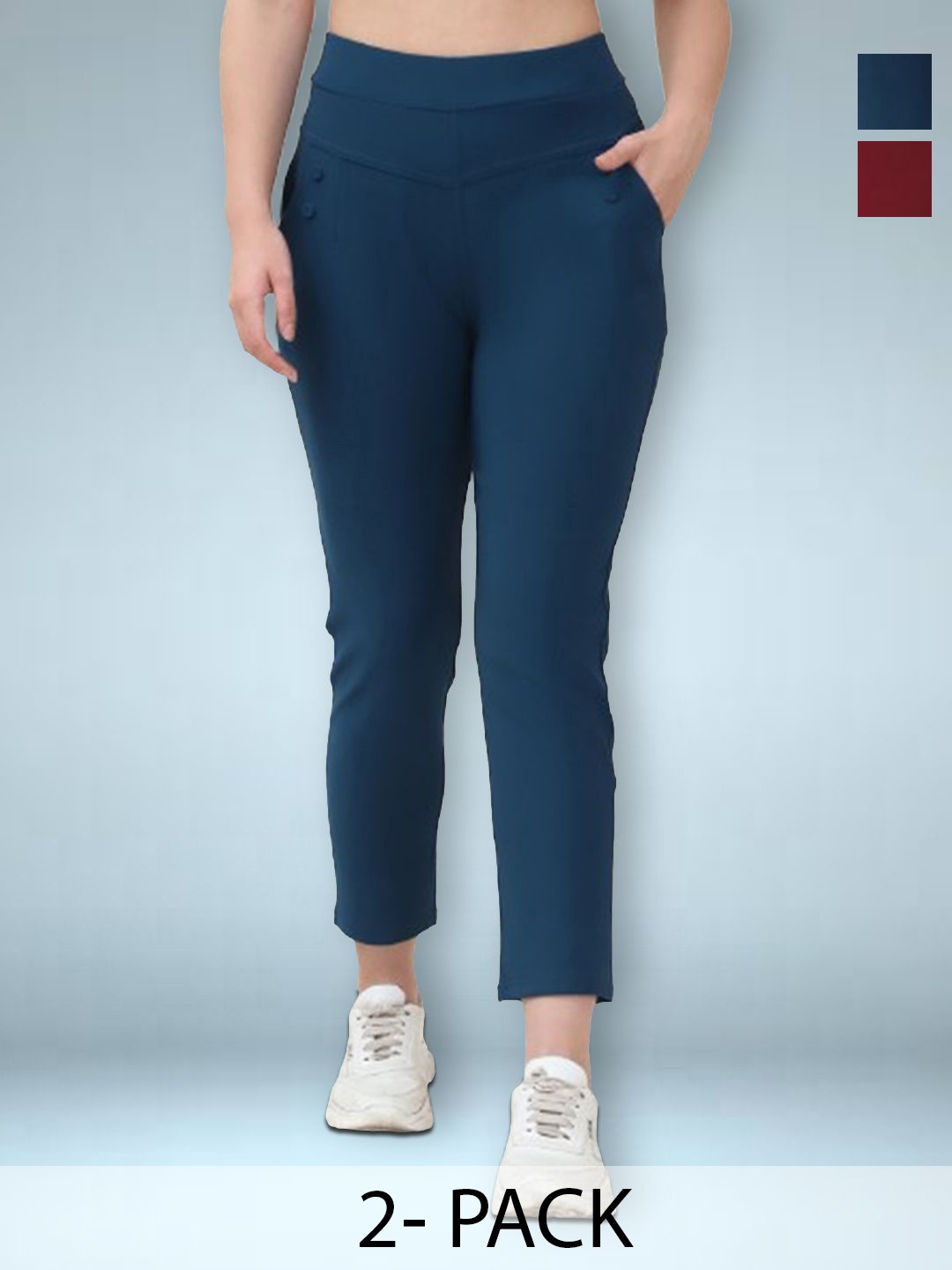 

Jinfo Women Pack Of 2 Skinny Fit Jeggings, Maroon