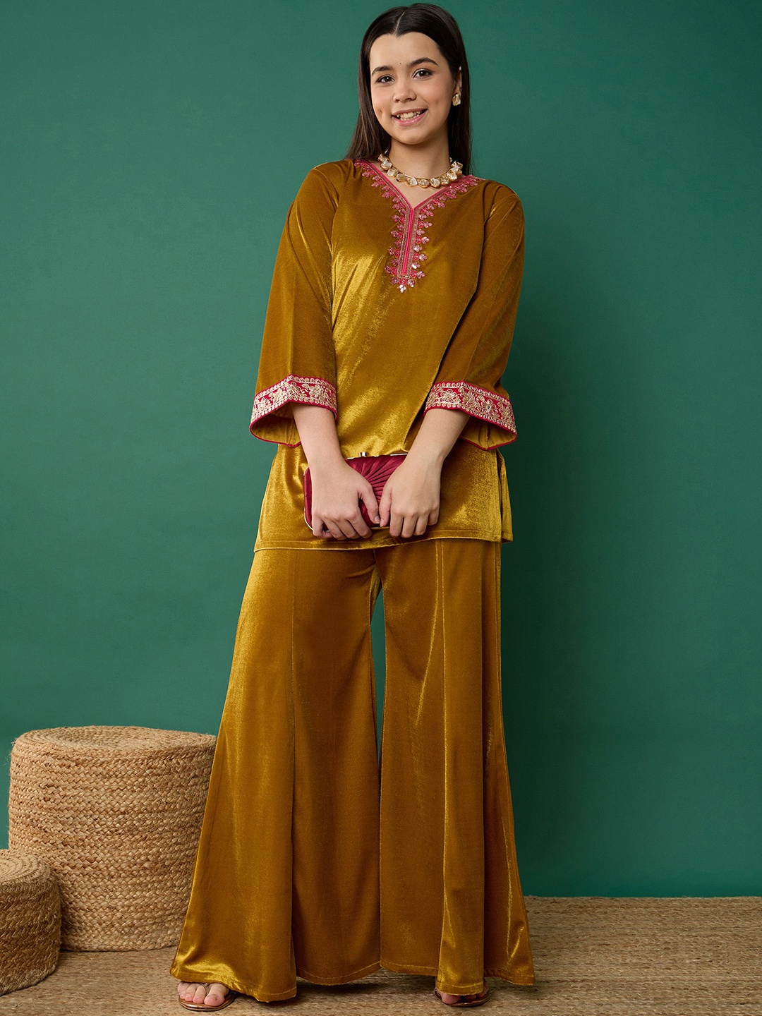 

Noh.Voh - SASSAFRAS Kids Girls Yoke Design Thread Work Velvet Straight Kurti with Palazzos, Mustard