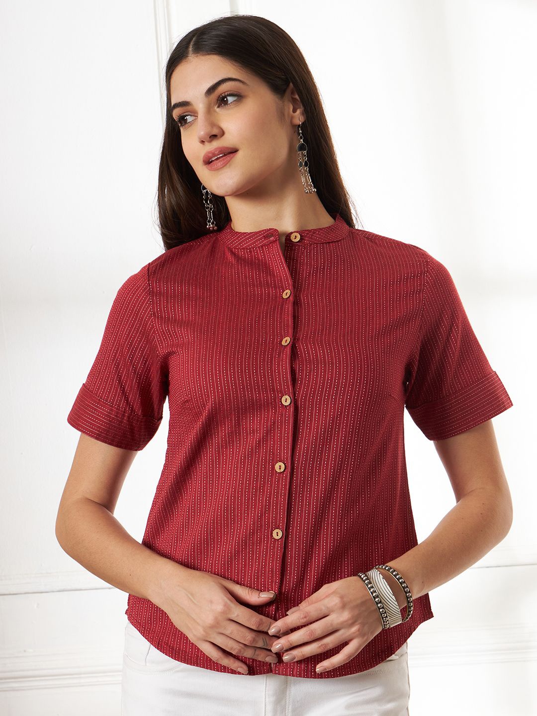 

Anouk Rustic Women Mandarin Collar Pure Cotton Shirt Style Top, Maroon