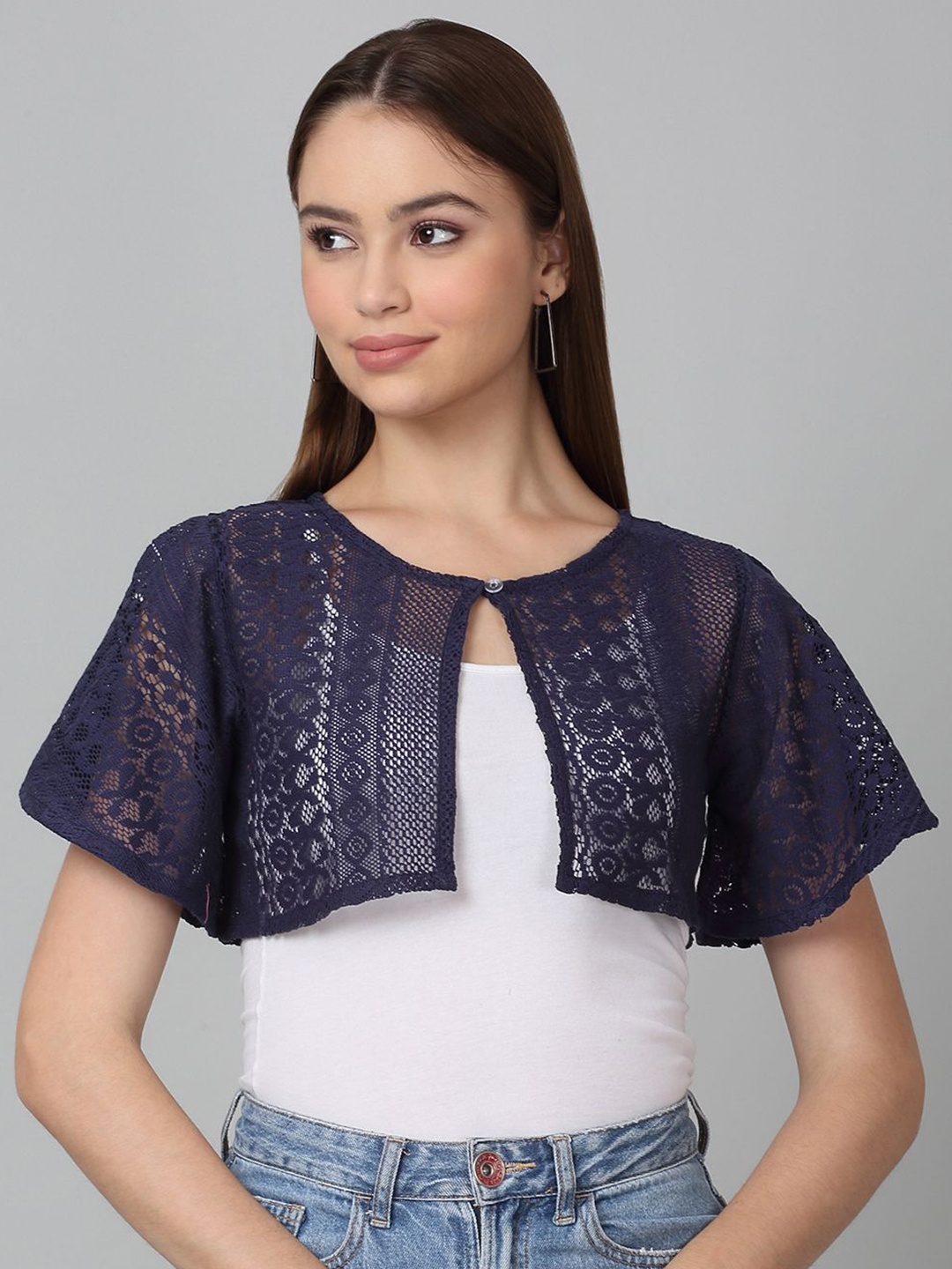 

Dressitude Self Design Crop Button Shrug, Blue