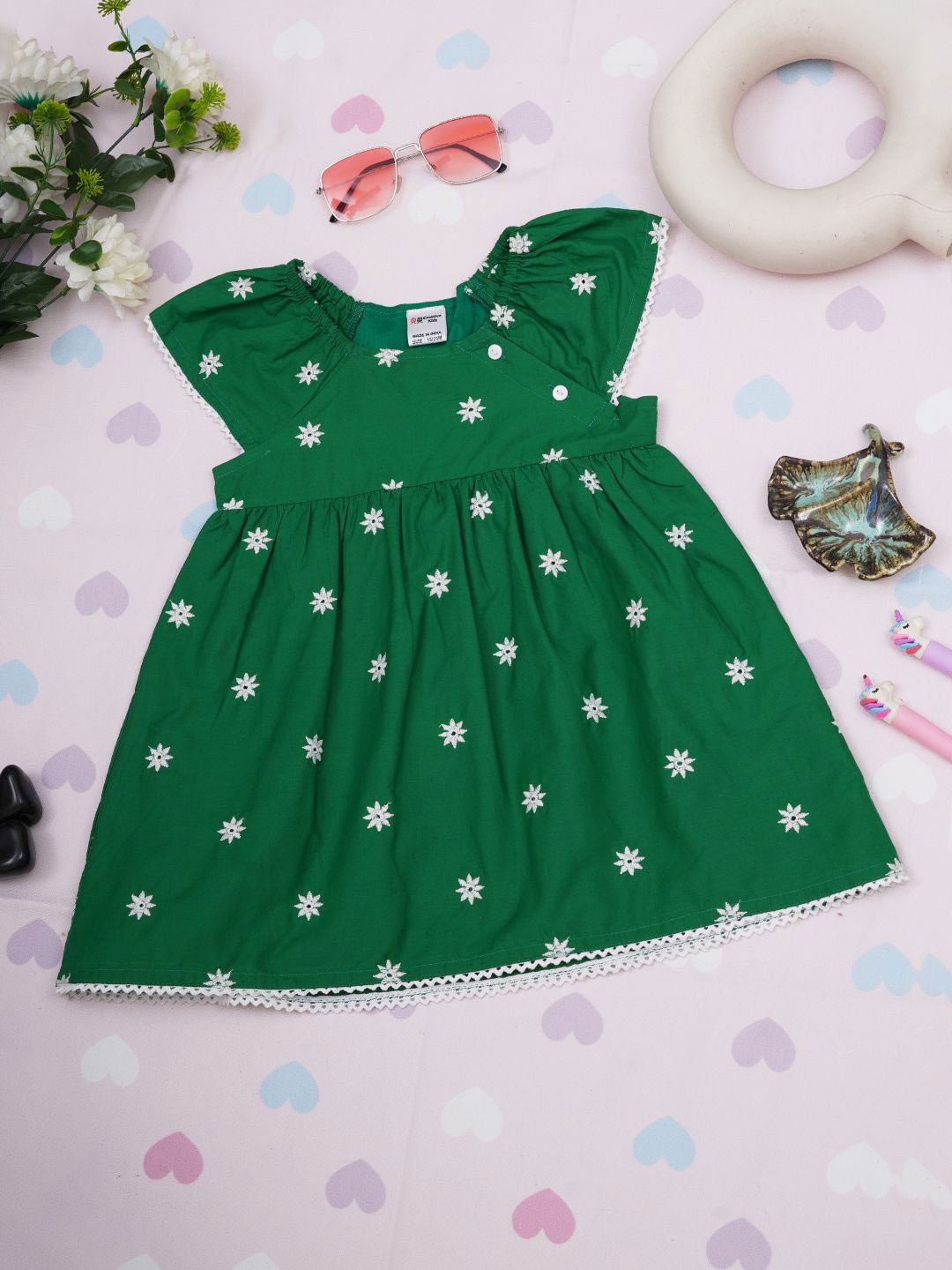 

Creative Kids Girls Embroidered Cap Sleeves Fit & Flare Dress, Green