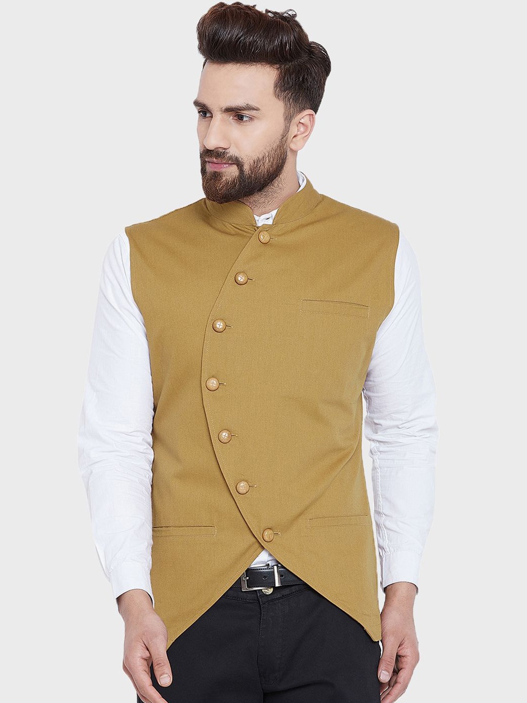 

Hypernation Mandarin Collar Pure Cotton Nehru Jacket, Khaki
