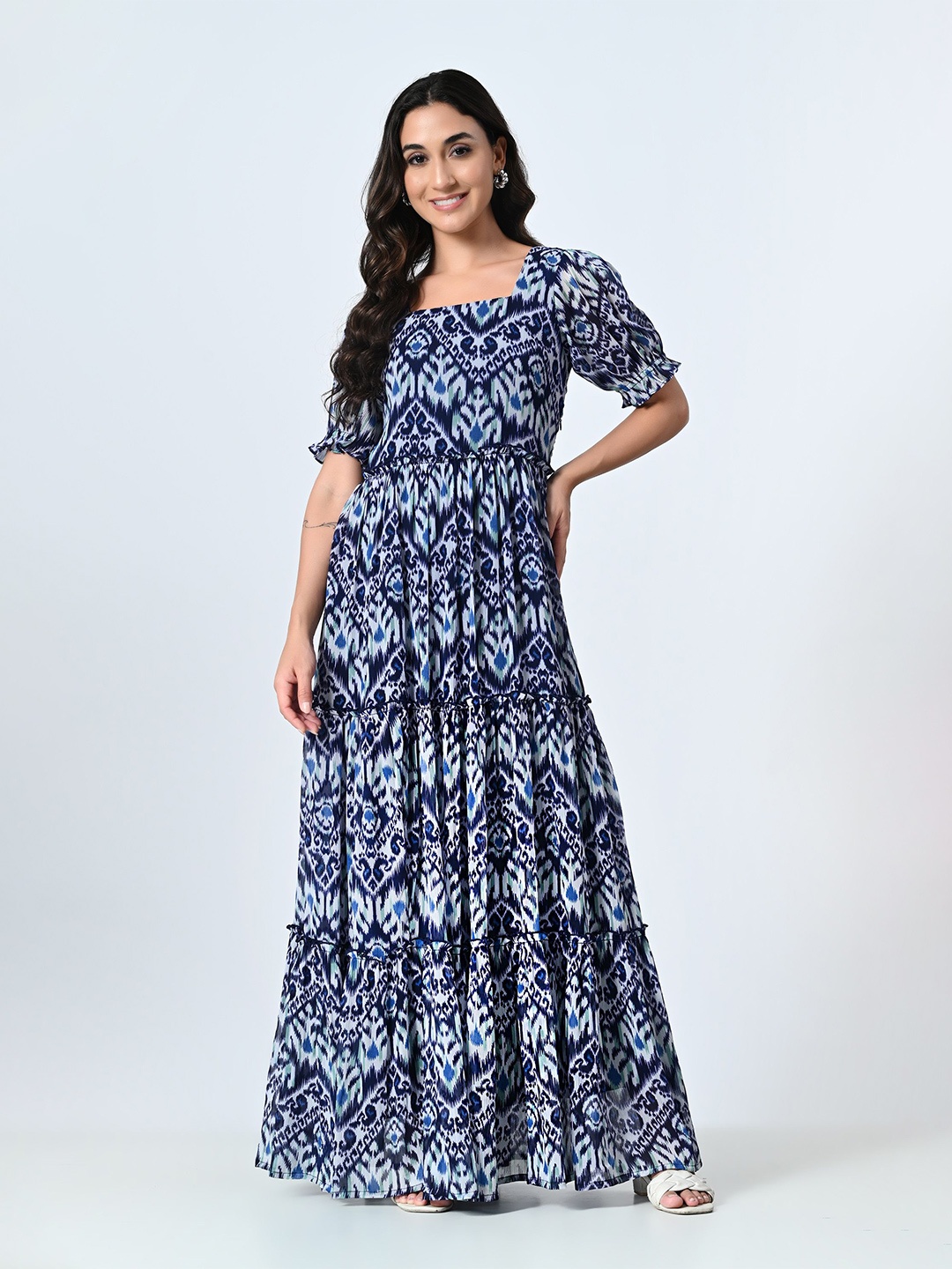 

ALL WAYS YOU Georgette Printed Square Neck Puff Sleeves Fit and Flare Maxi Tiered Dress, Blue