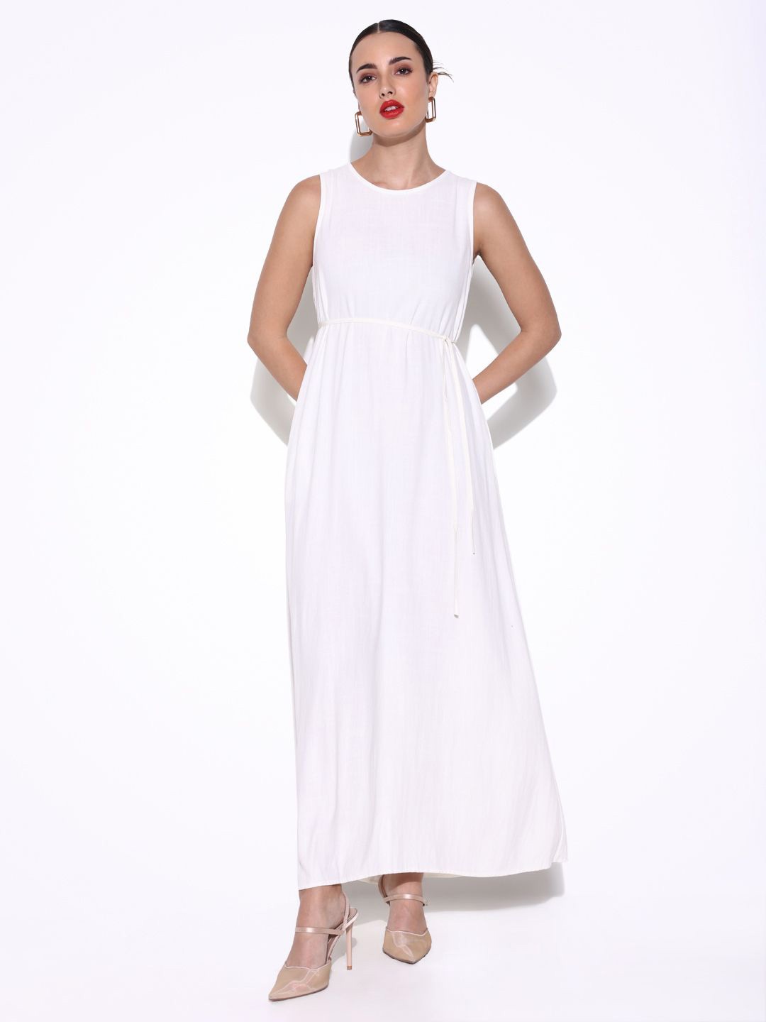 

SHOWOFF Women Cotton Round Neck Sleeveless Maxi Dress, Off white