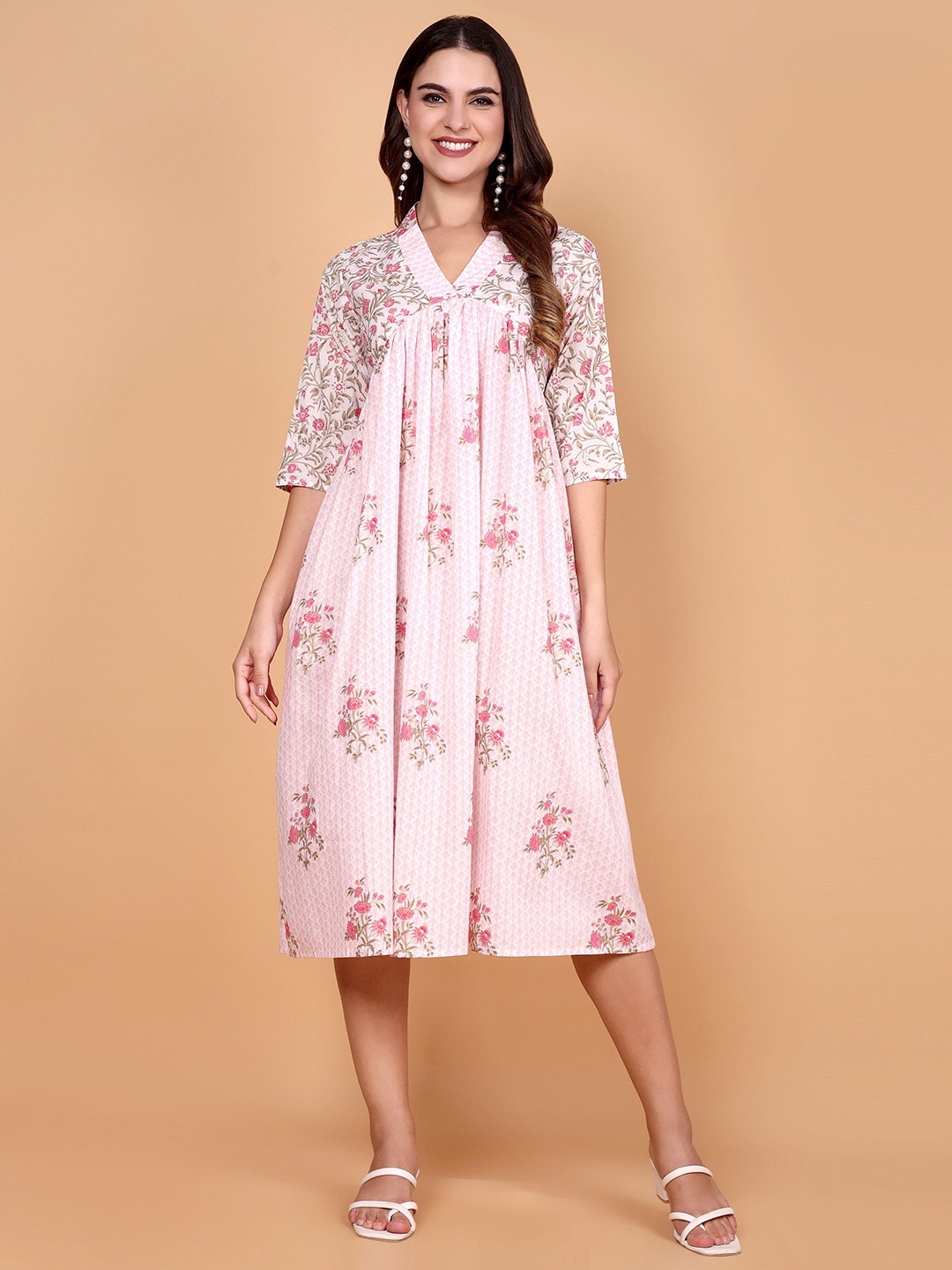 

Vastara the Label Women Floral Printed Organic Cotton A-Line Empire Midi Dress, Pink