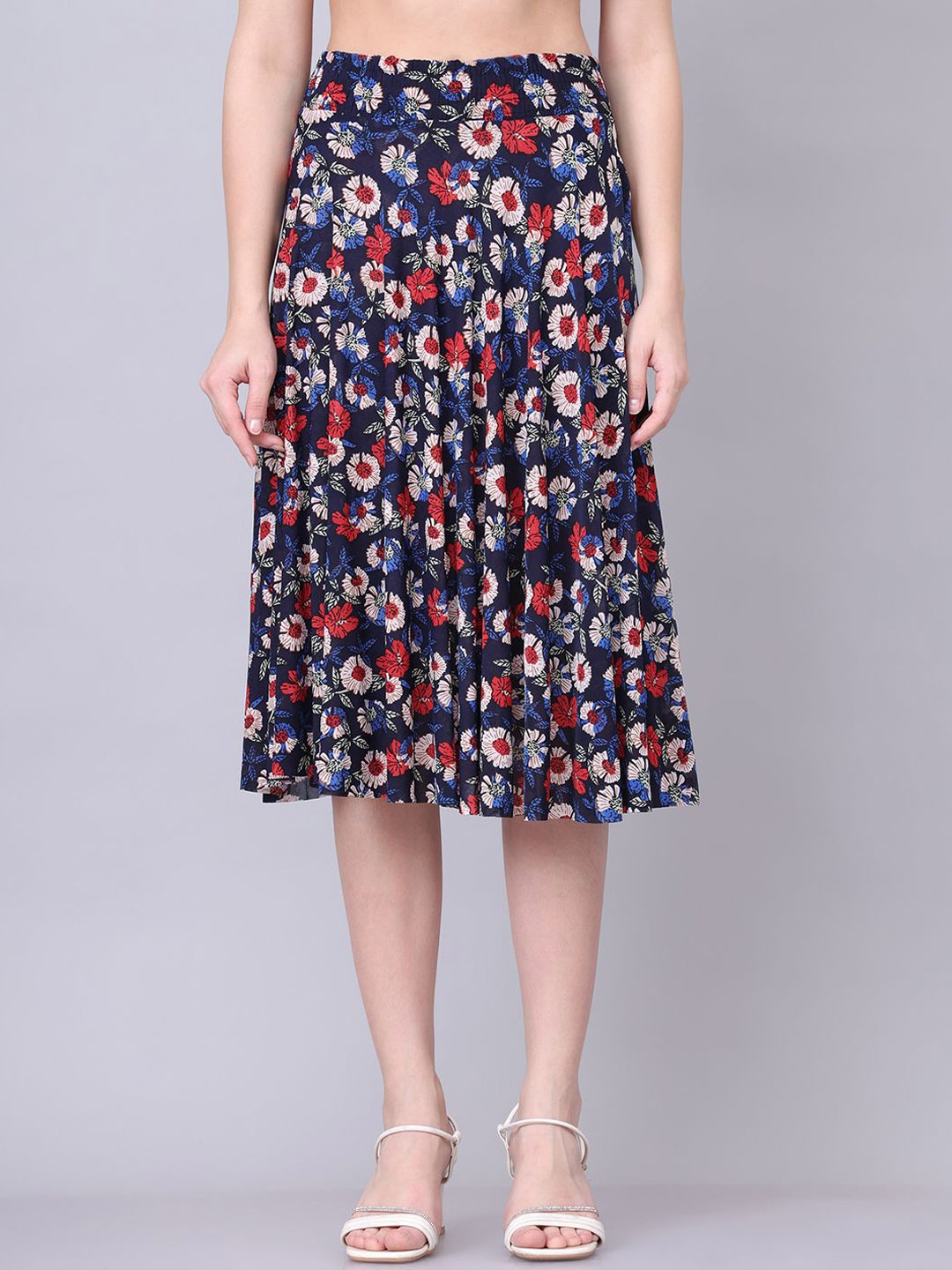

GRACIT Women Floral Printed Flared Midi Skirt, Navy blue