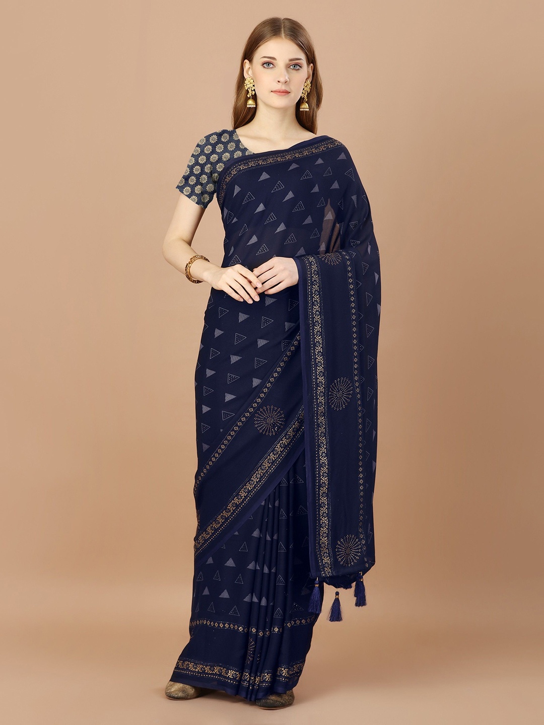 

DIVASTRI Women Ethnic Motifs Beads and Stones Designer Saree With Blouse Piece, Navy blue