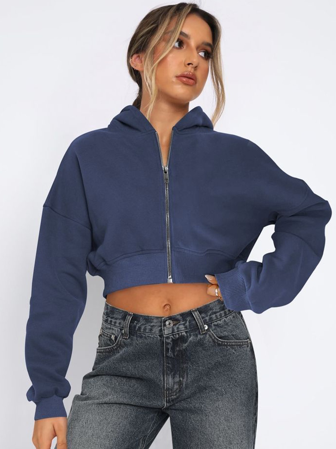 

LULU & SKY Women Front Zipper Hooded Crop Cardigan, Blue