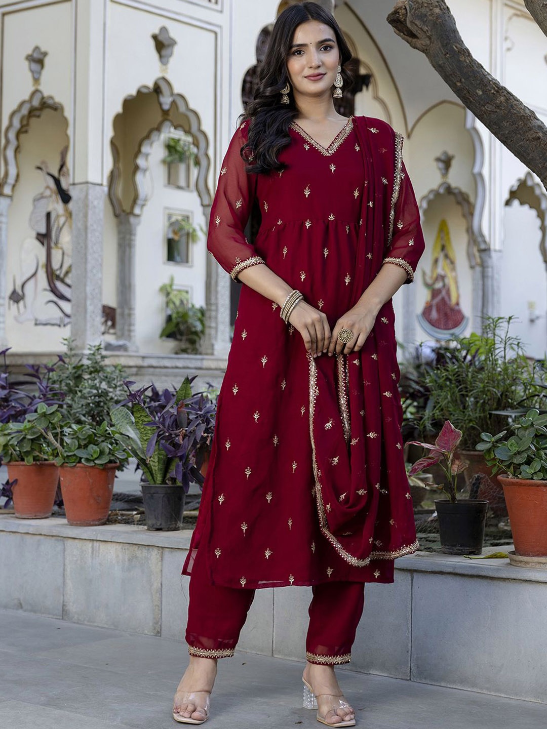 

Nayo Floral Embroidered Thread Work Georgette Pleated Kurta with Trousers & With Dupatta, Maroon