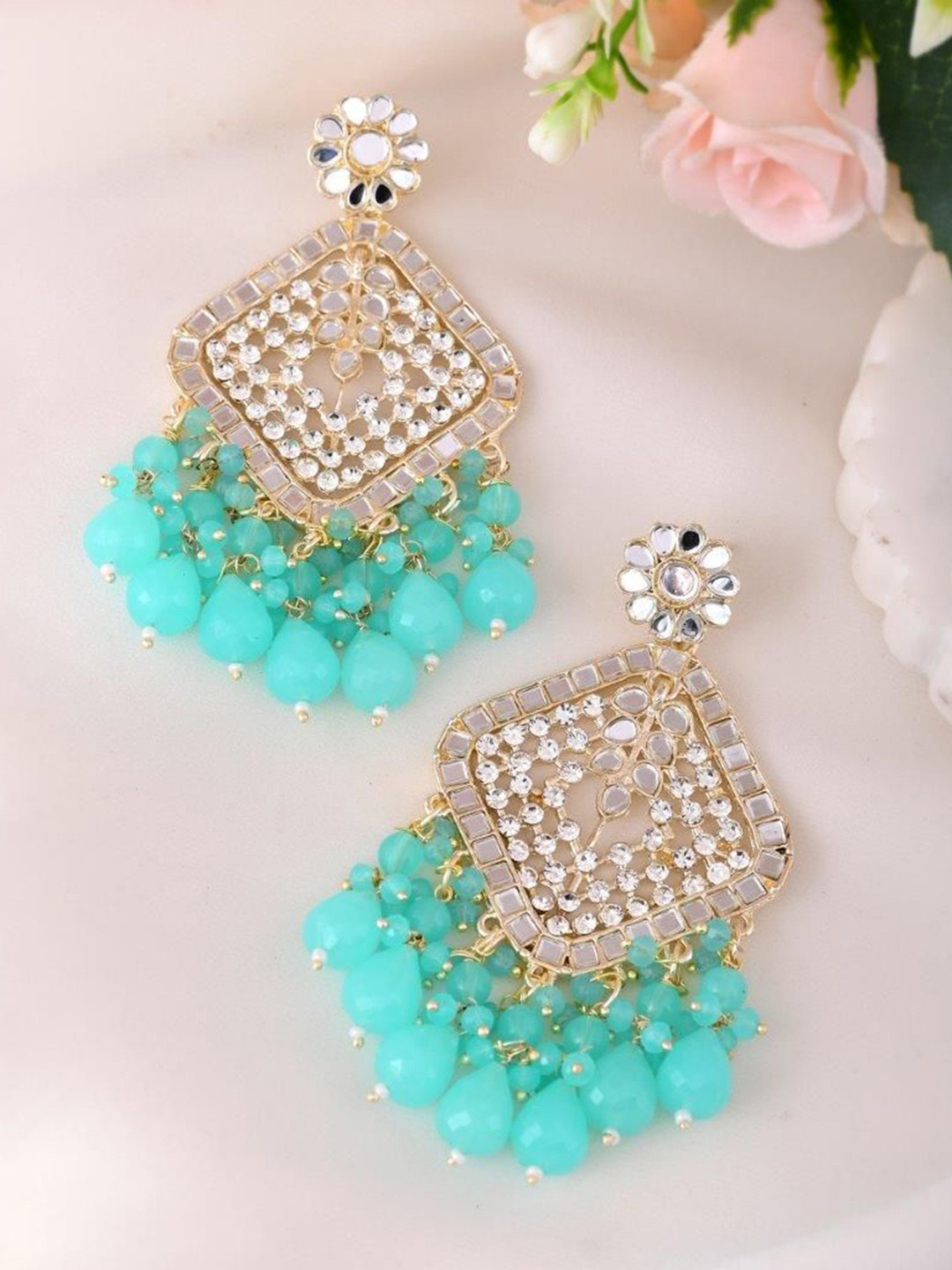 

VOJ Gold-Plated Stainless Steel Geometric Kundan And Stone Studded Drop Earrings