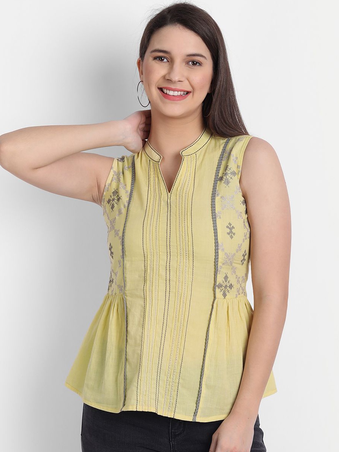 

SAHASIKA Women Mandarin Collar Cotton Peplum Top, Yellow