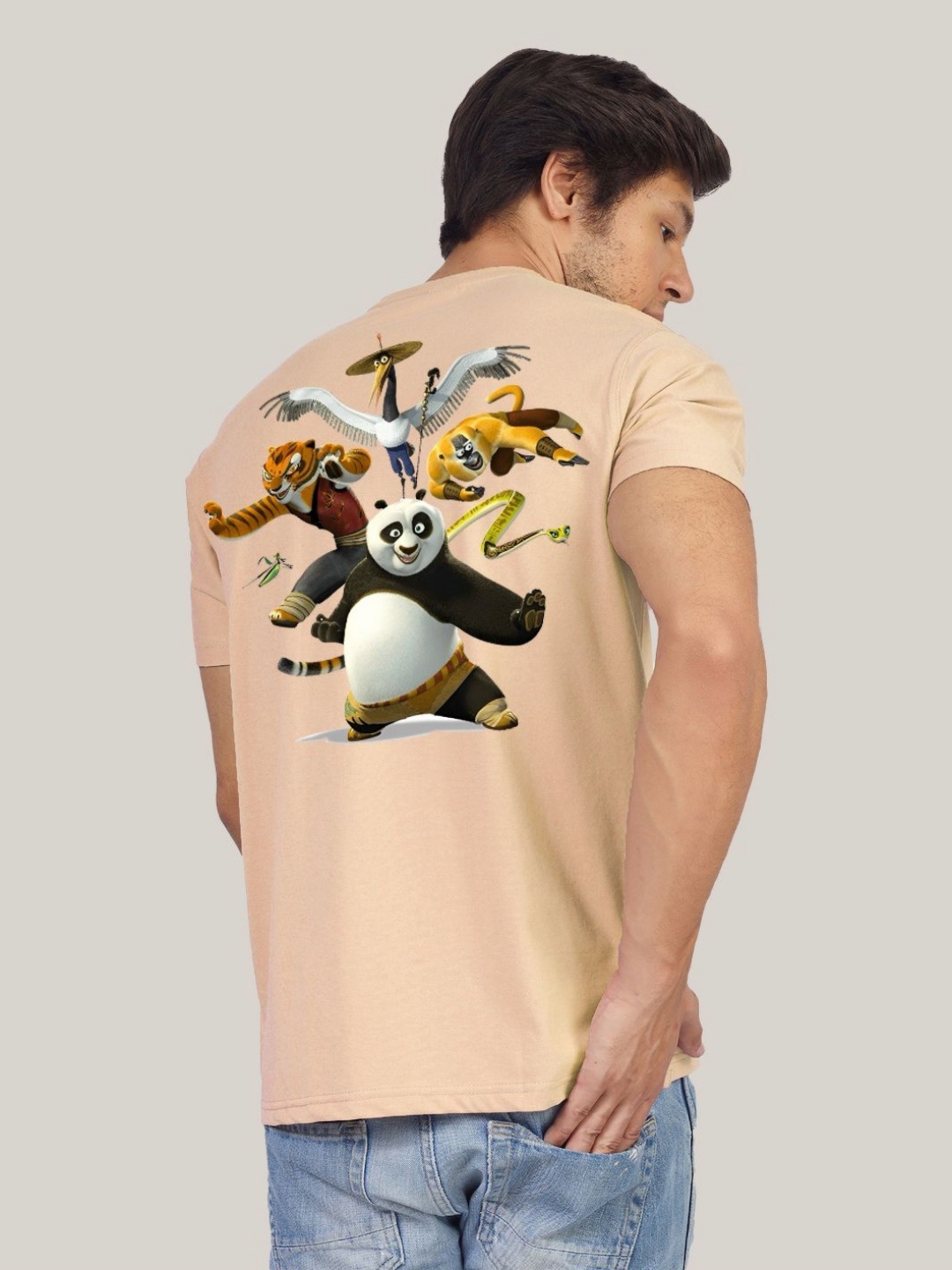 

Greylongg Men Graphic Printed Round Neck Cotton Kung Fu Panda T-shirt, Beige