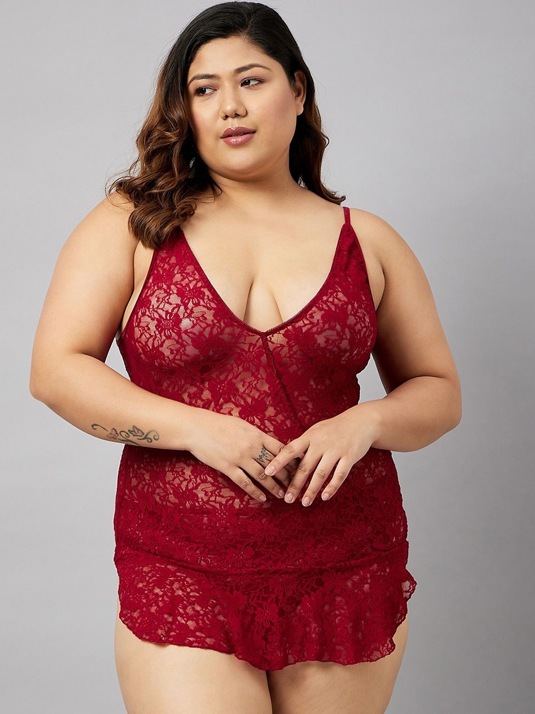 

Curves By ZeroKaata Women Plus Size Self Design Lace Baby Doll With Thong Briefs, Maroon