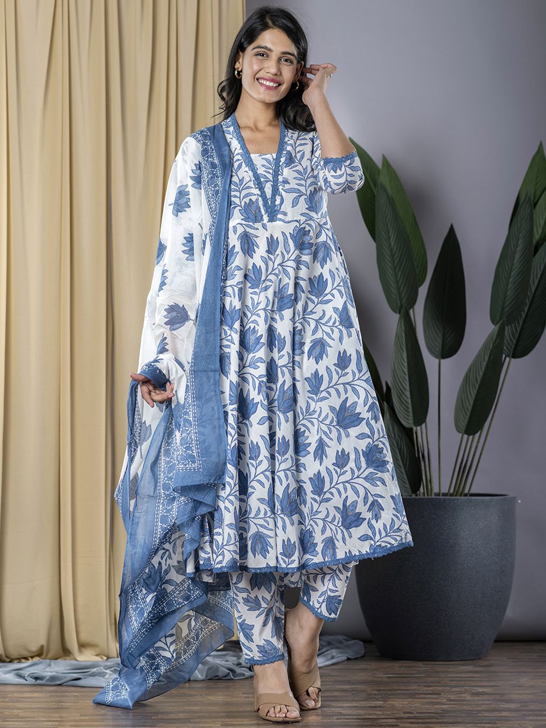 

KALINI Floral Printed V-Neck Pure Cotton Anarkali Kurta With Trousers & Dupatta, Blue