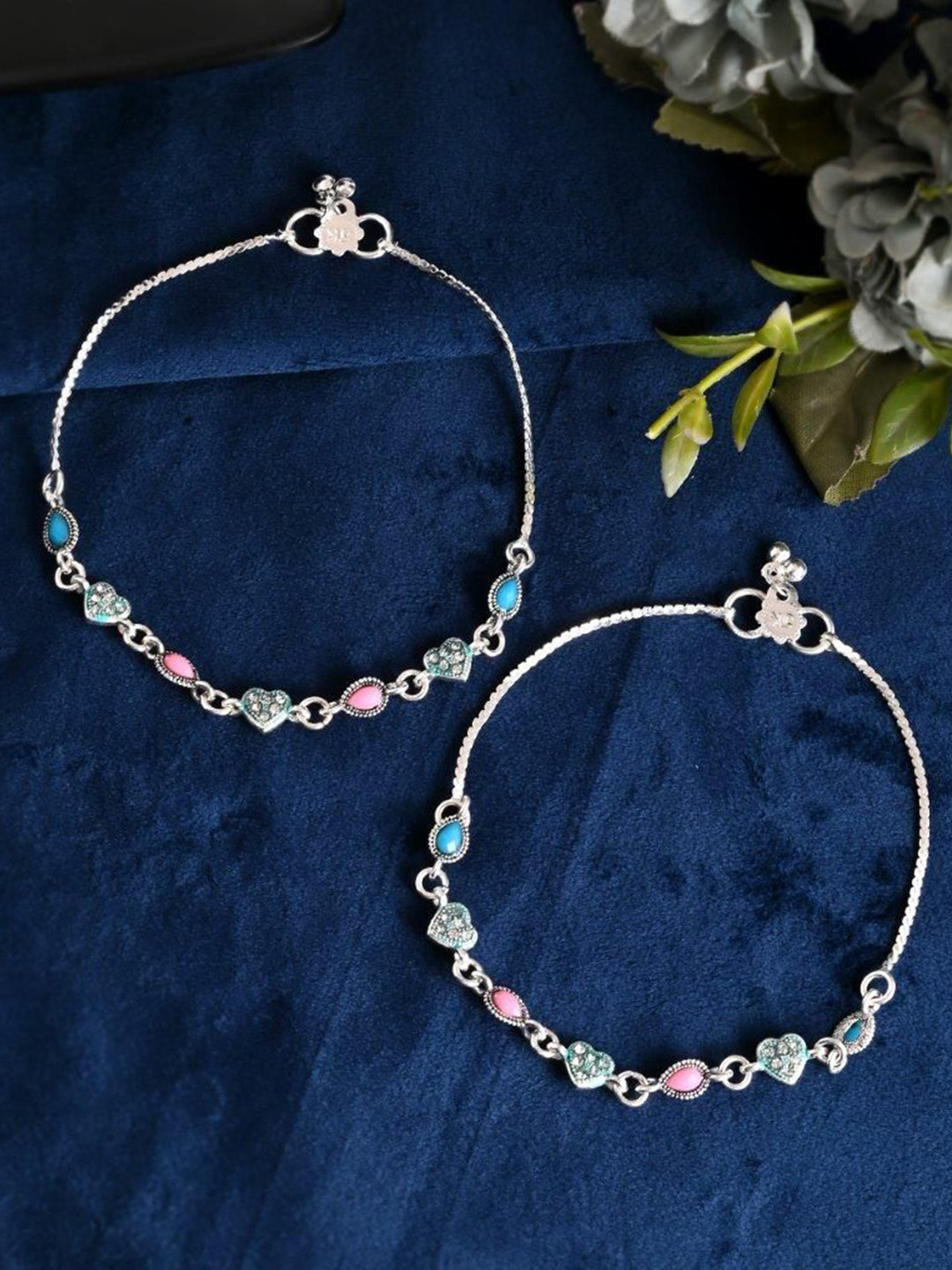 

VOJ Set Of 2 Silver-Plated Meenakari Heart Shaped Artificial Beaded Anklets