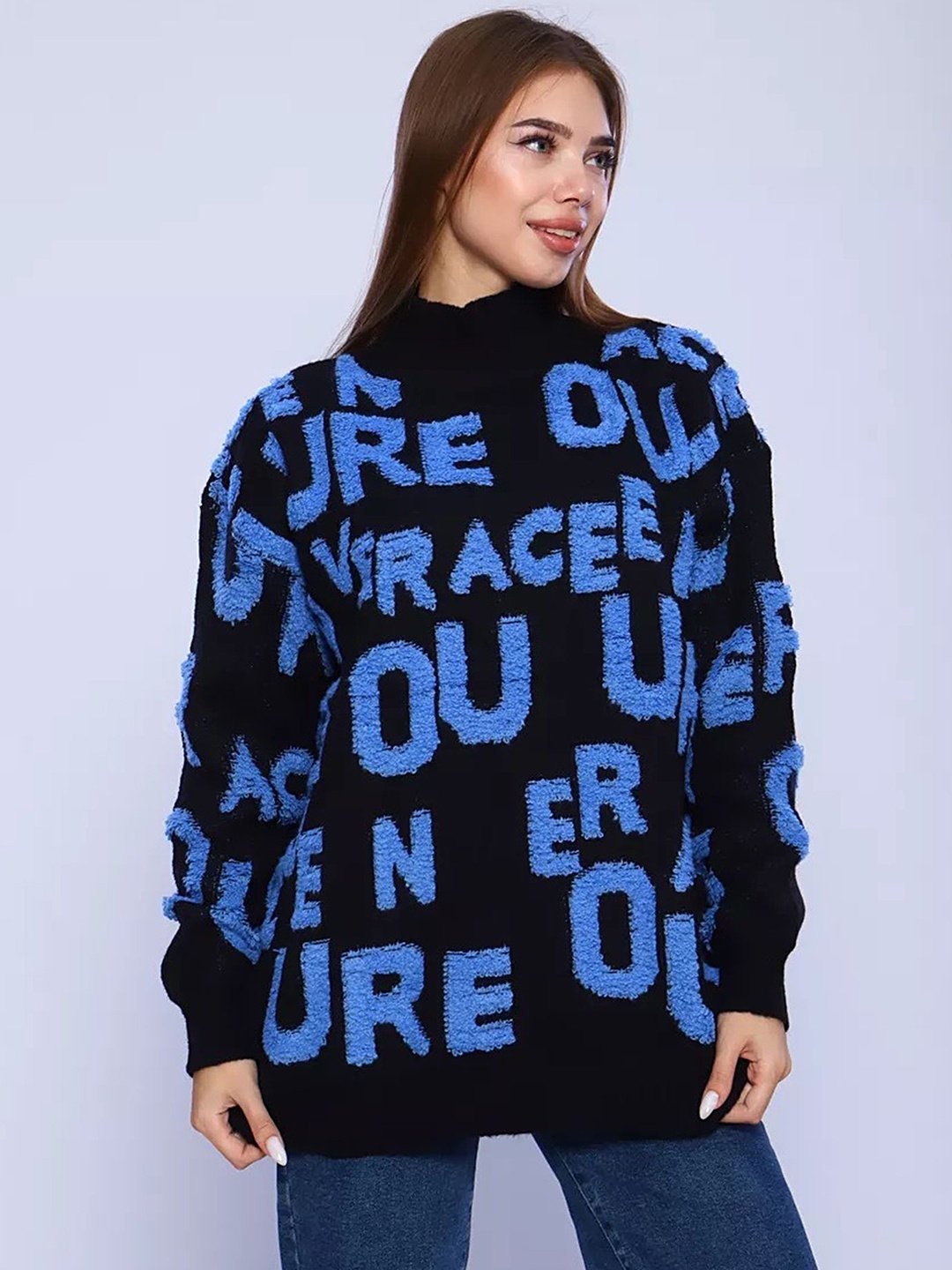 

LULU & SKY Women Typography Printed Pullover, Blue