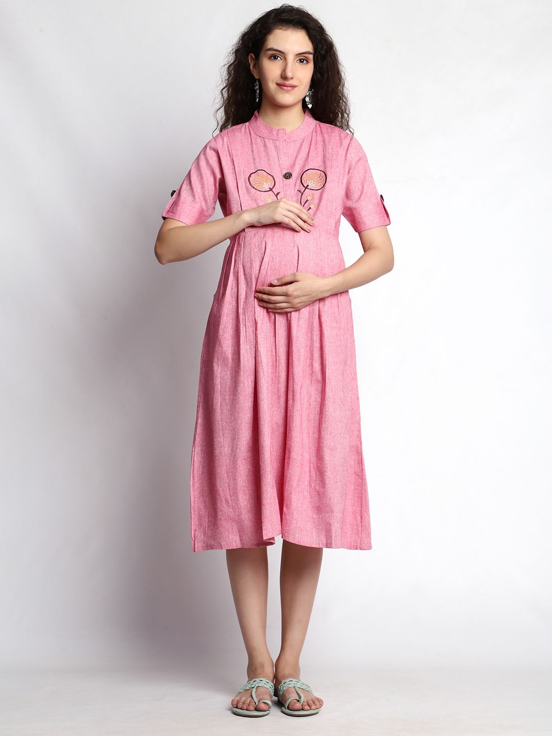 

GMI Women Embroidered Maternity A-Line Midi Dress, Pink