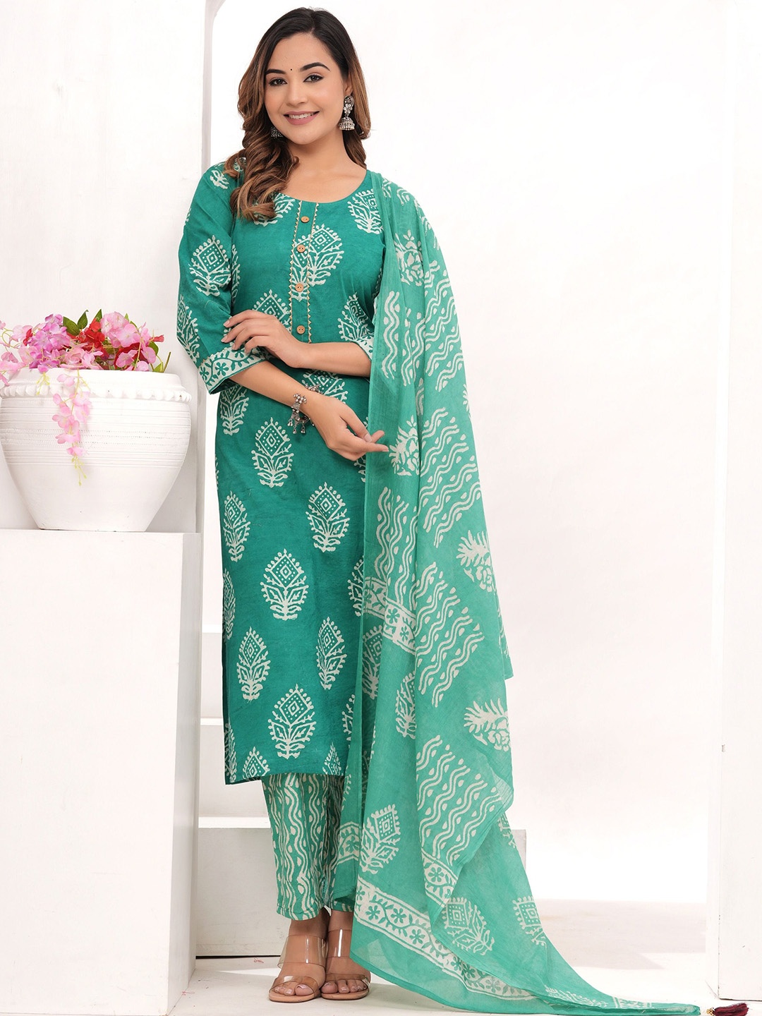 

VASUPRADA Floral Printed Gotta Patti Pure Cotton Straight Kurta With Trousers & Dupatta, Teal