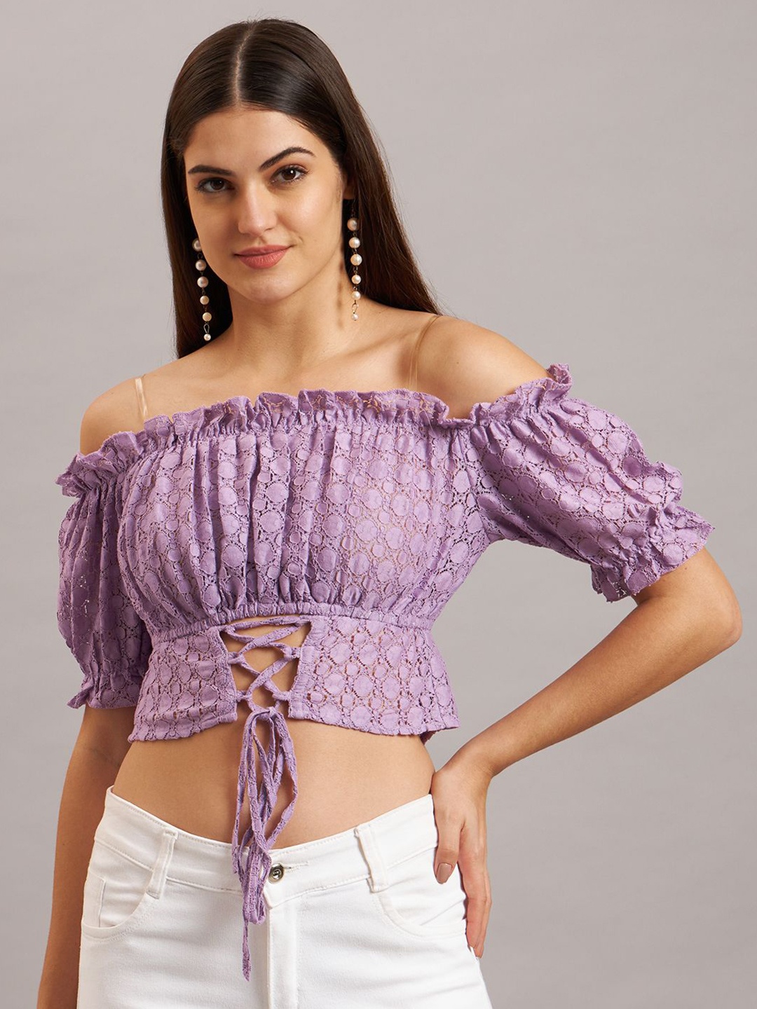 

Eavan Women Cotton Floral Embroidered Off-Shoulder Puff Sleeve Crop Top, Lavender