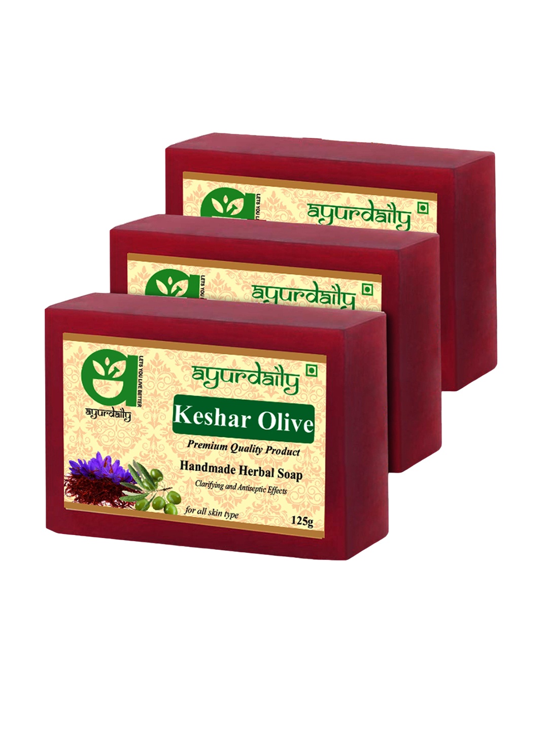 

Ayurdaily Set Of 3 Natural Kesar Olive Herbal Soap - 125 g Each, Red