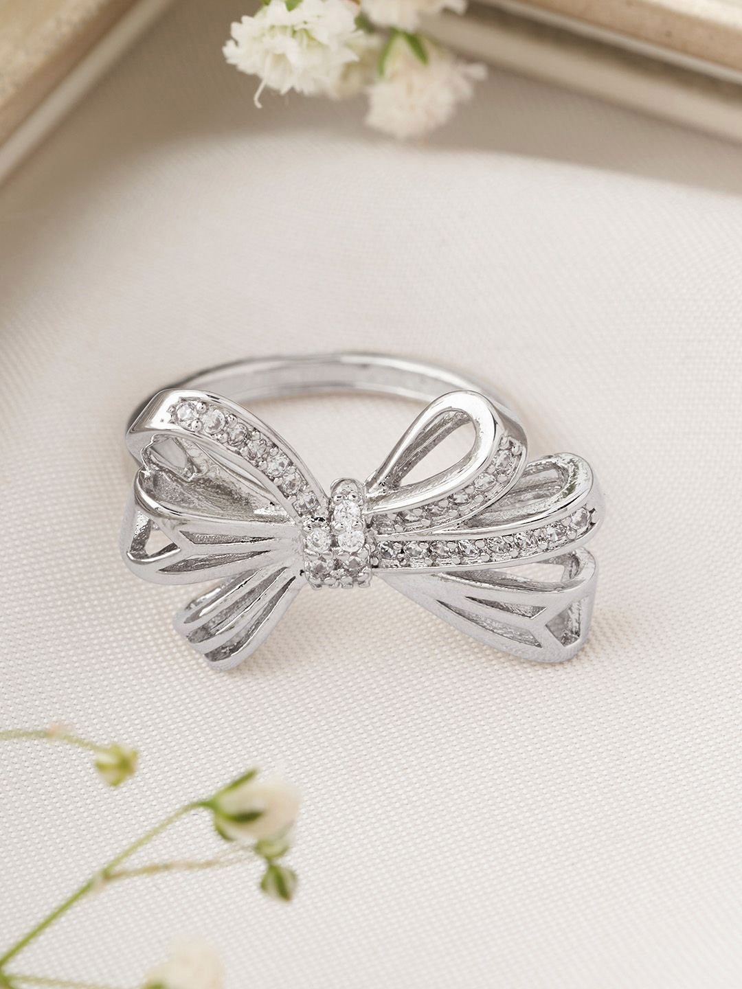 

JOKER & WITCH Silver-Plated Stone-Studded Cecile Bow Adjustable Finger Ring