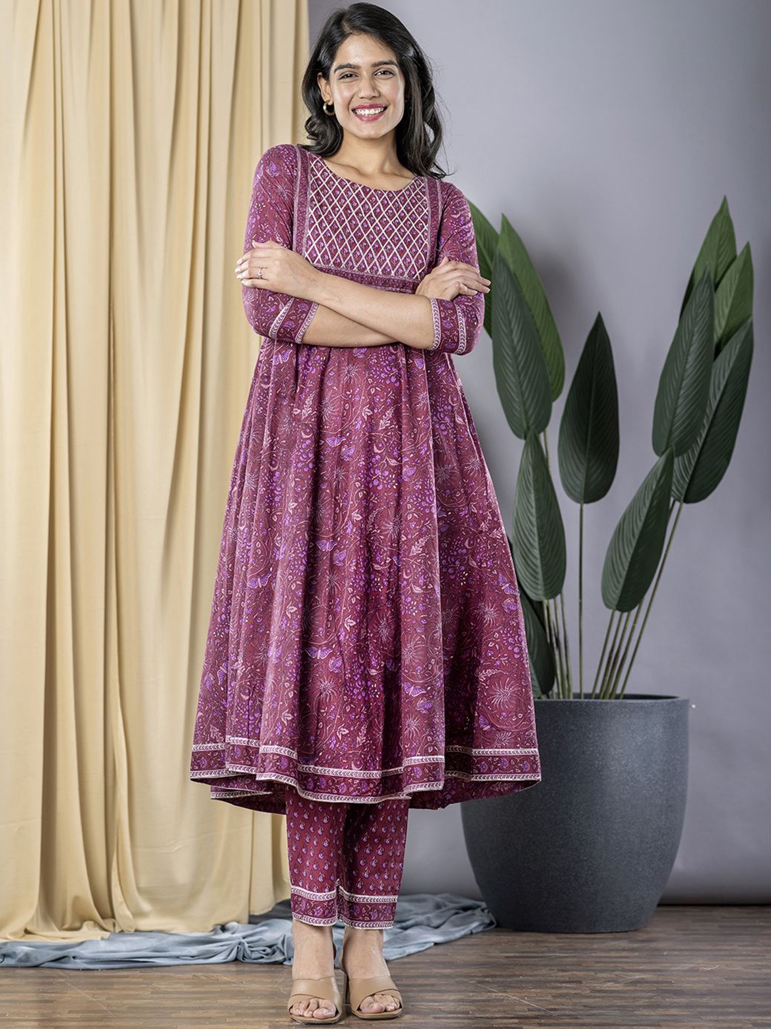 

KALINI Round Neck Floral Printed Pure Cotton Anarkali Kurta with Trouser, Mauve