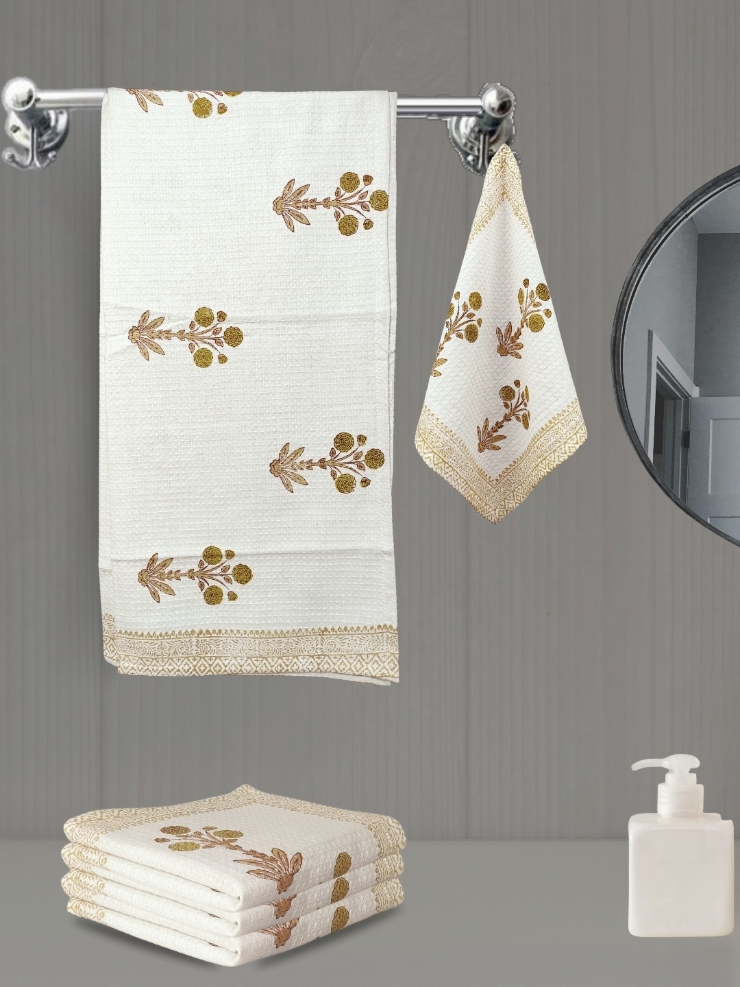 

LIVING ROOTS White 5 Pieces Block Printed 110 GSM Waffle Cotton Soft & Absorbent Towel Set