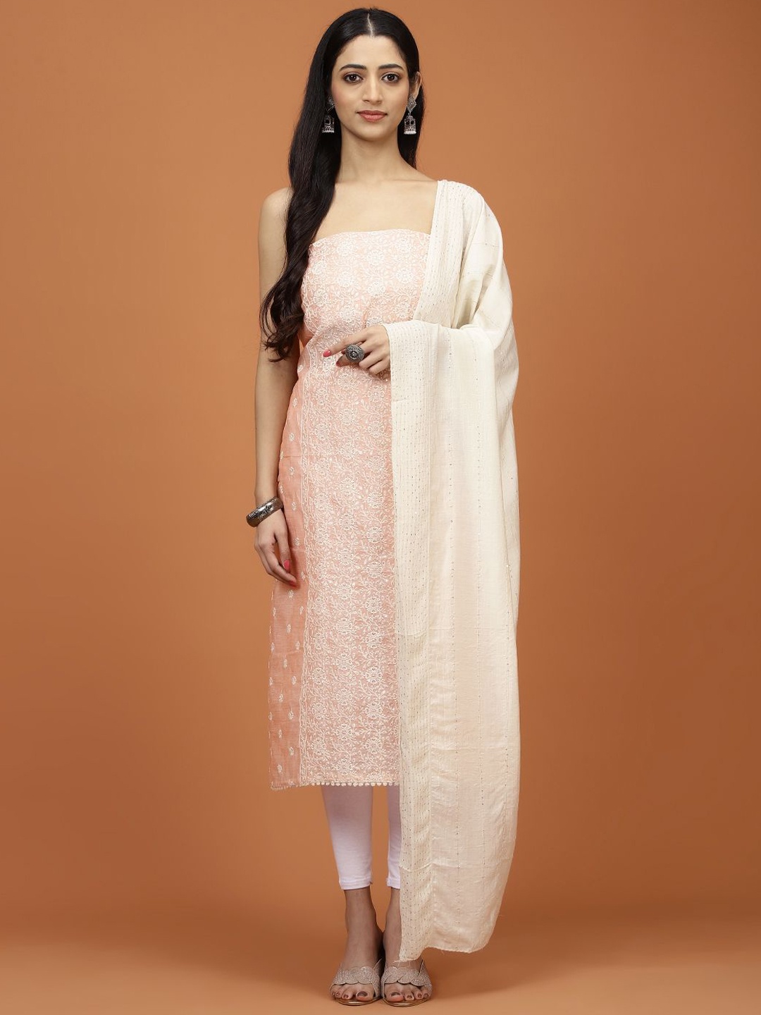 

Meena Bazaar Sequin & Thread Embroidered Chanderi Unstitched Dress Material, Peach