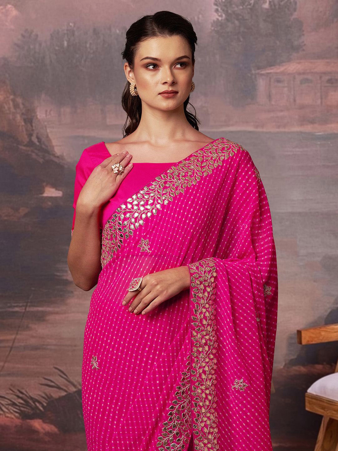 

House of Pataudi Women Gotta Patti Embellished Georgette bandhani saree, Pink